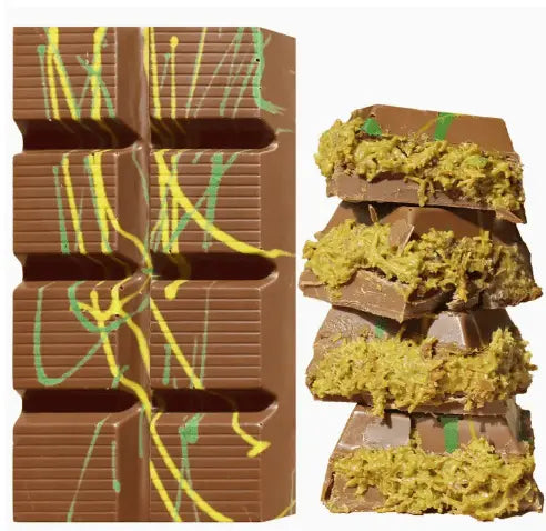 Yum At Hart Dubai Chocolate Kunafa Pistachio Bar 7oz, Turkish chocolate dessert with pistachios, shown in the image.