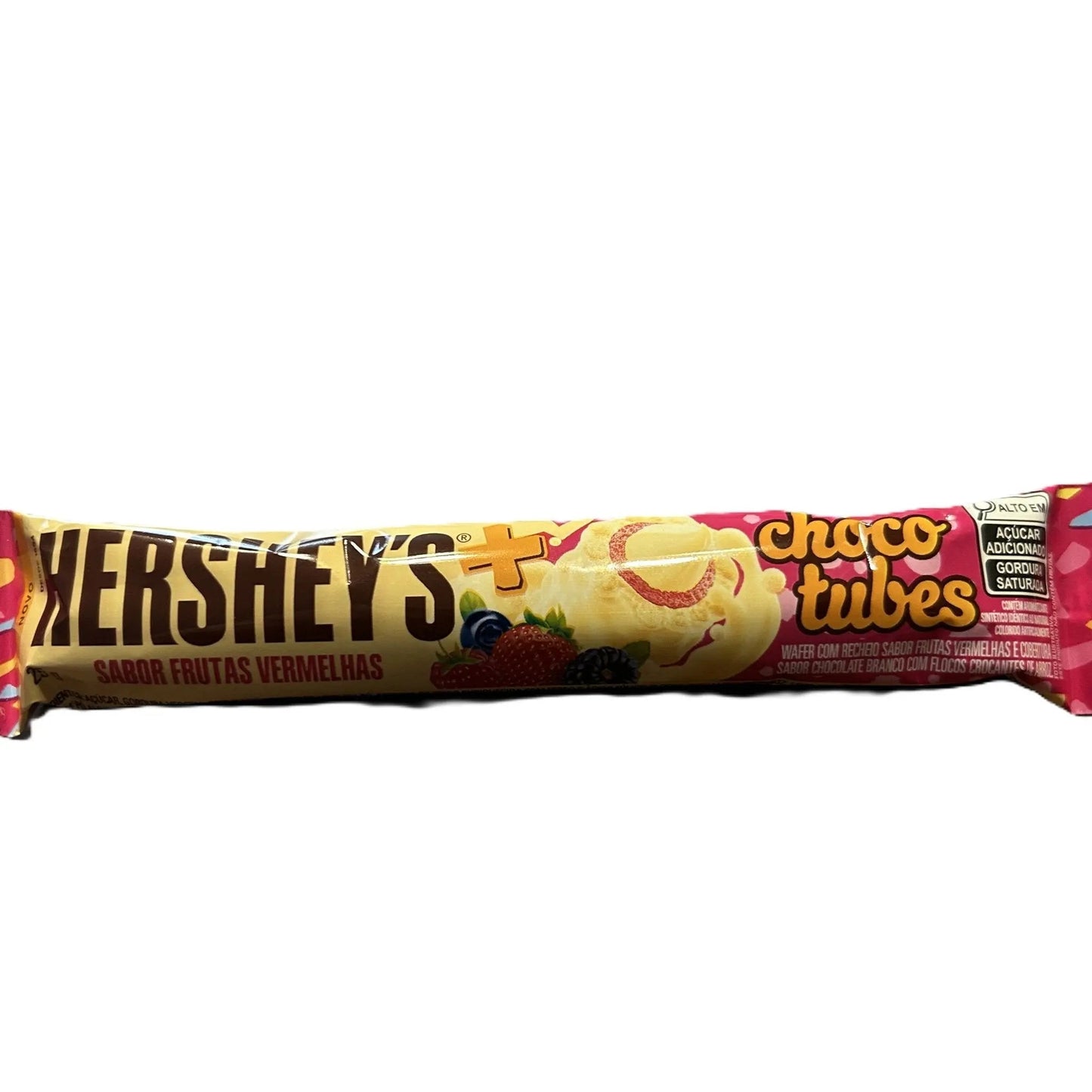 Yum At Hart Hershey Choco Tubes Sabor Frutas Vermelhas red fruit flavored white chocolate tubes, 25g, Brazil.