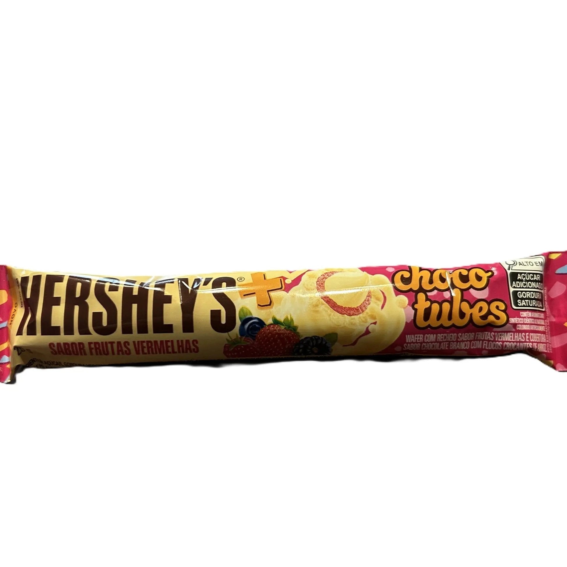 Yum At Hart Hershey Choco Tubes Sabor Frutas Vermelhas red fruit flavored white chocolate tubes, 25g, Brazil.