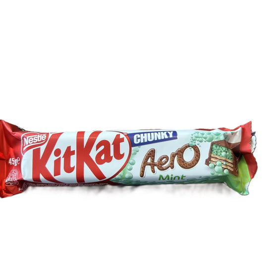 Yum At Hart KitKat Chunky Aero Mint chocolate wafer bar showing green mint filling and crispy wafer layers in packaging.