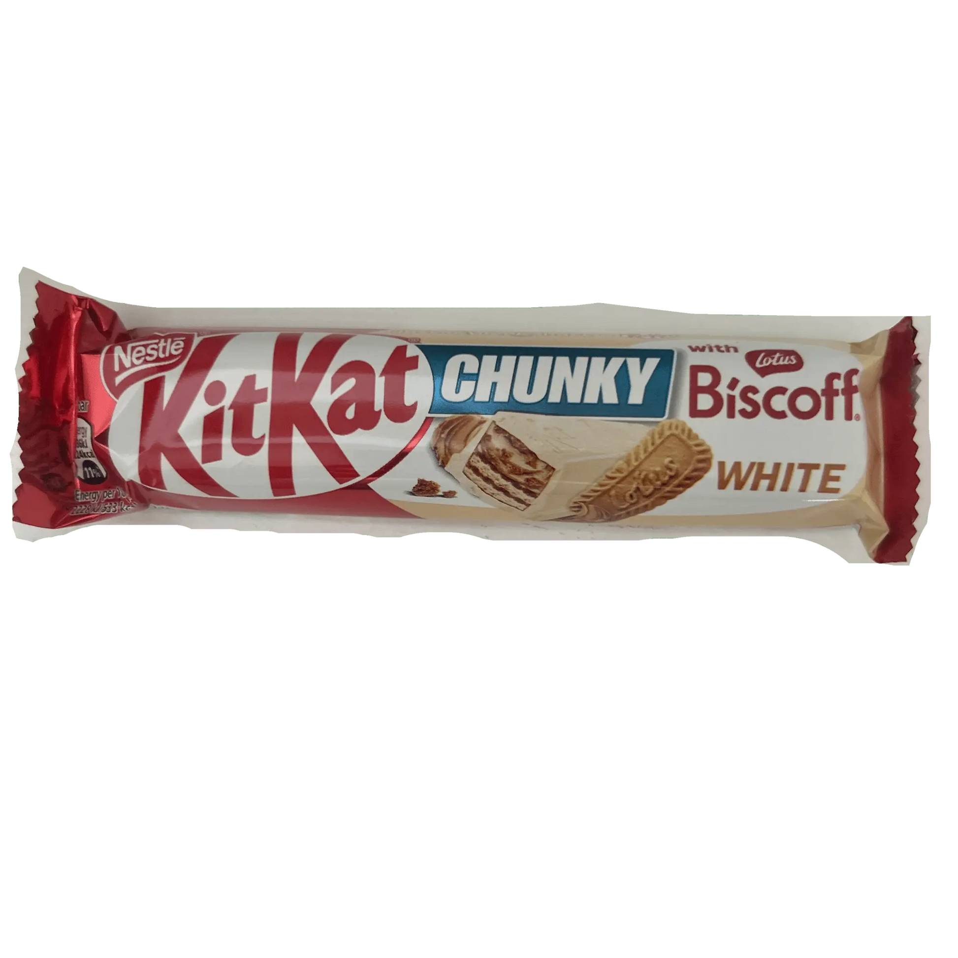 Yum At Hart KitKat Chunky White with Biscoff chocolate bar, creamy white chocolate with wafer, 42g package, UK.