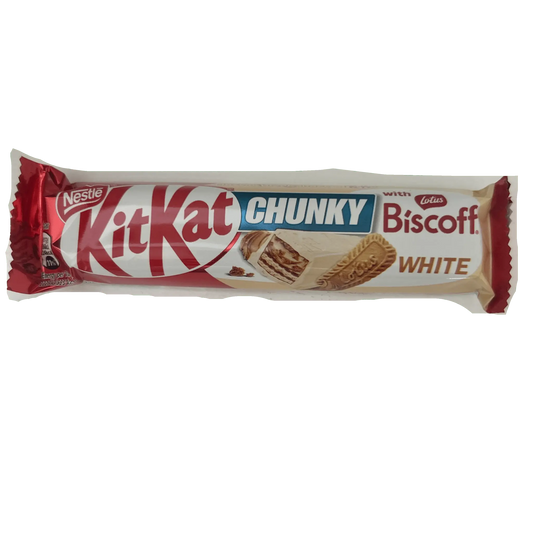 Yum At Hart KitKat Chunky White with Biscoff chocolate wafer bar, creamy white chocolate with Biscoff flavor, 42g.