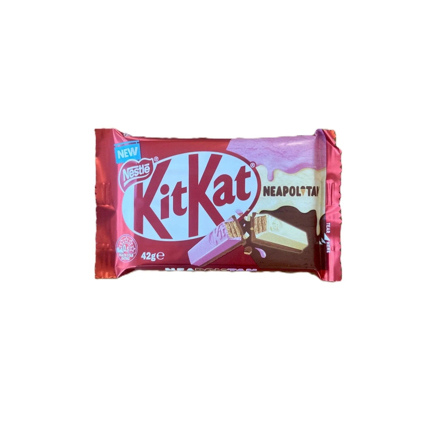Yum At Hart KitKat Neapolitan triple-layer chocolate wafer bar 45g, showcasing the layered chocolate and wafer inside.