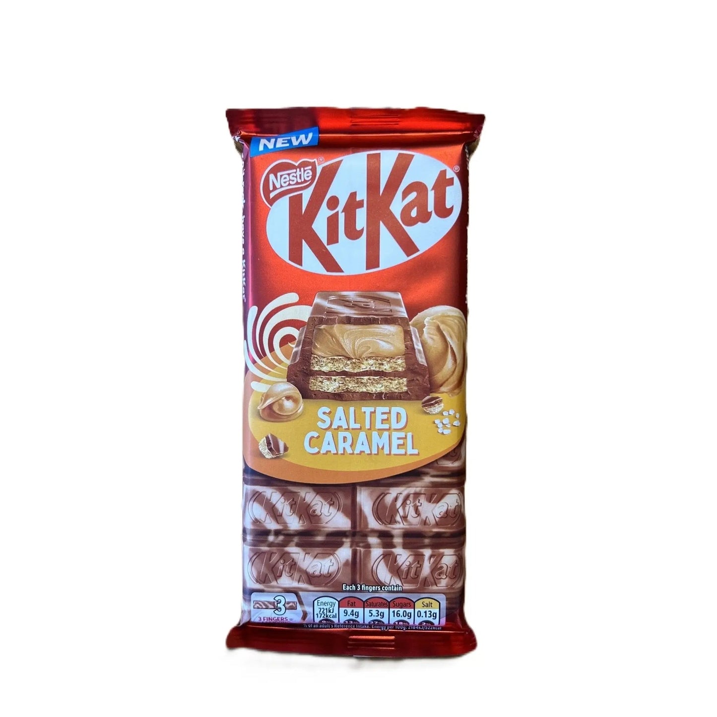 Yum At Hart KitKat Salted Caramel Chocolate Sharing Bar with breakable wafer, 99g, featuring salted caramel flavor and chocolate coating.