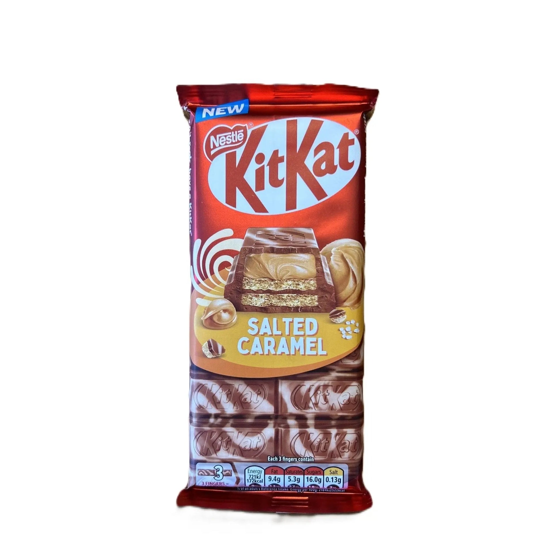 Yum At Hart KitKat Salted Caramel Chocolate Sharing Bar with breakable wafer, 99g, featuring salted caramel flavor and chocolate coating.