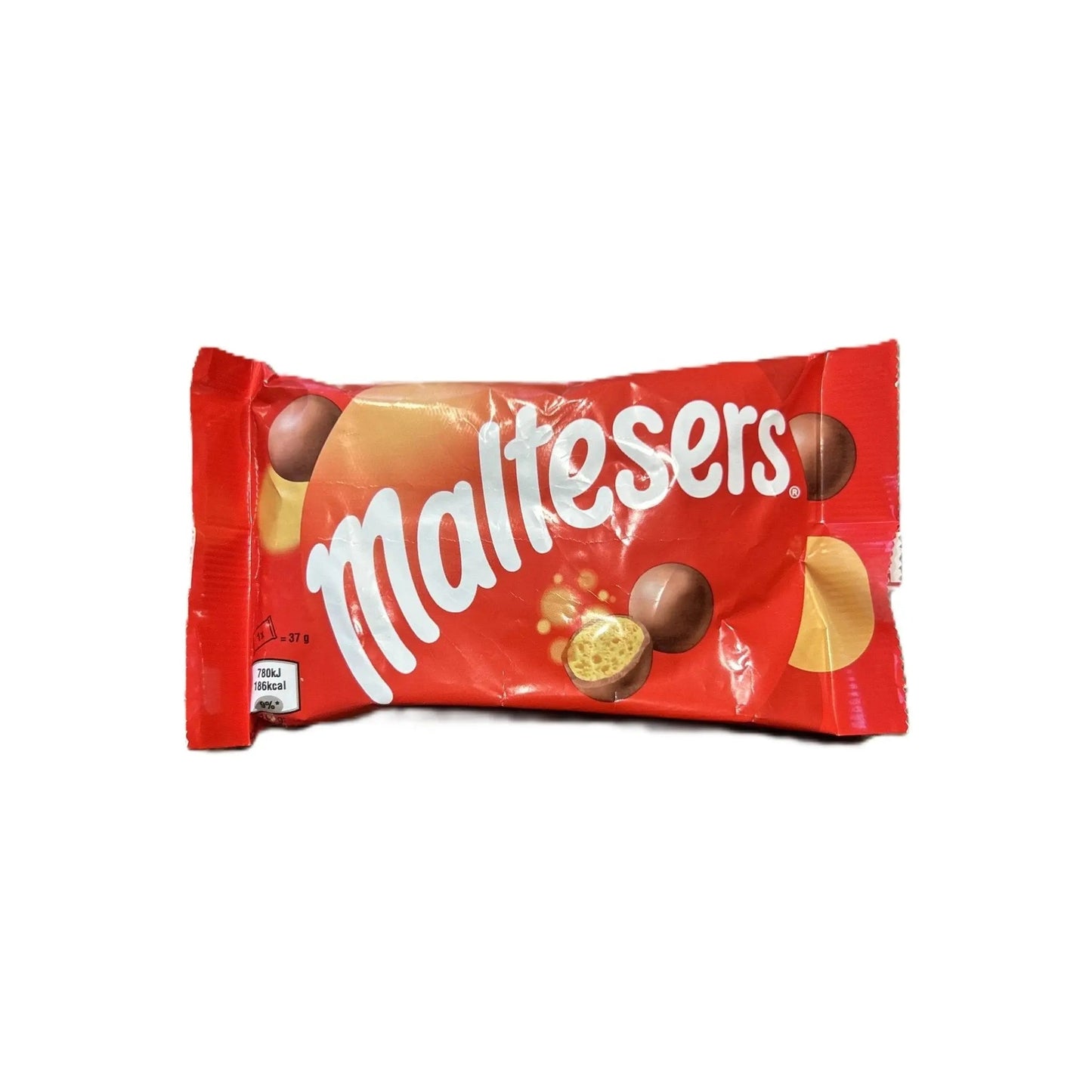 Yum At Hart Maltesers crispy malted milk balls covered in milk chocolate in a 100g bag, showing the chocolate-coated malted treats.