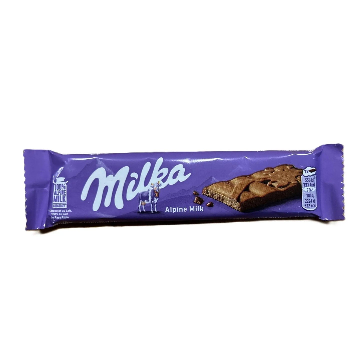 Yum At Hart Milka Mini Chocolate Bar with creamy Alpine milk chocolate, 30g, from France, showing the chocolate bar and packaging.