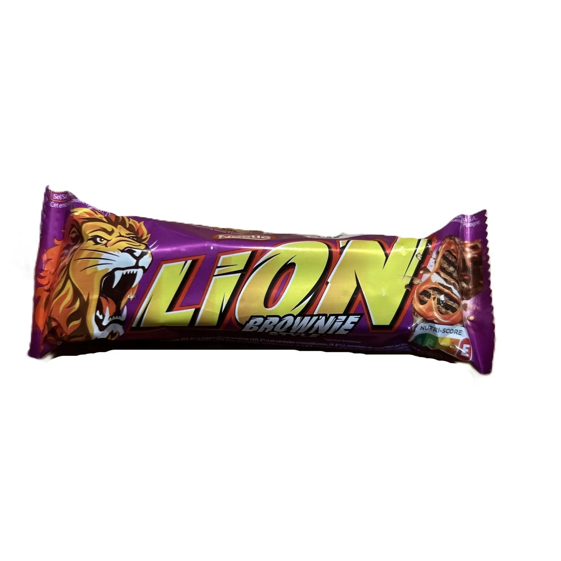 Nestlé Lion Brownie chocolate candy bar by Yum At Hart, 45g, featuring chocolate brownie layers, with best-by date visible.