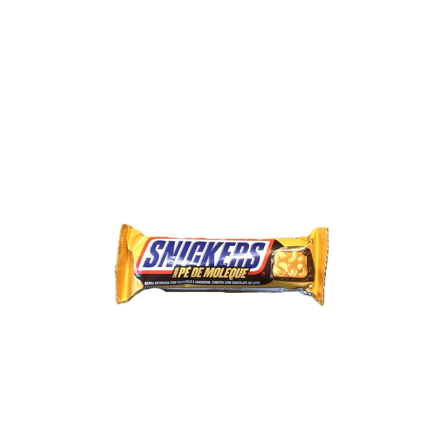 Yum At Hart Snickers Pe De Moleque peanut brittle chocolate bar, limited edition Brazil candy, shown in wrapper with caramel and nuts
