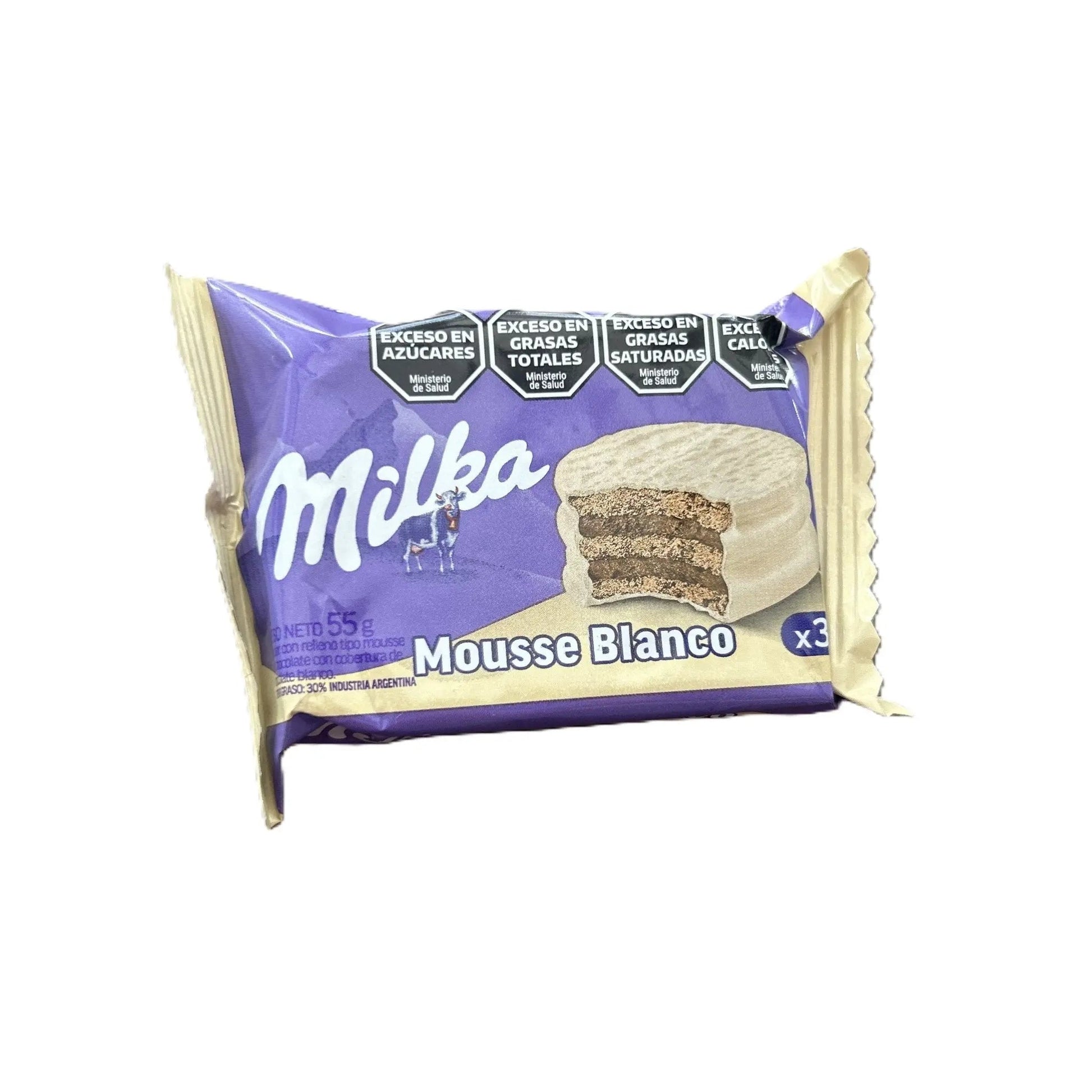 Milka Alfajor Triple White Chocolate with Chocolate Mousse cookies by Yum At Hart, creamy Argentine dessert treat in 90g package.