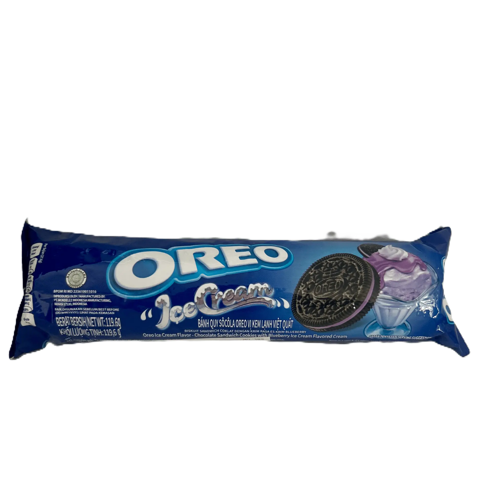 Yum At Hart Oreo Blueberry Ice Cream flavor sandwich cookies with blueberry crème filling, 119.6g package in Indonesia.