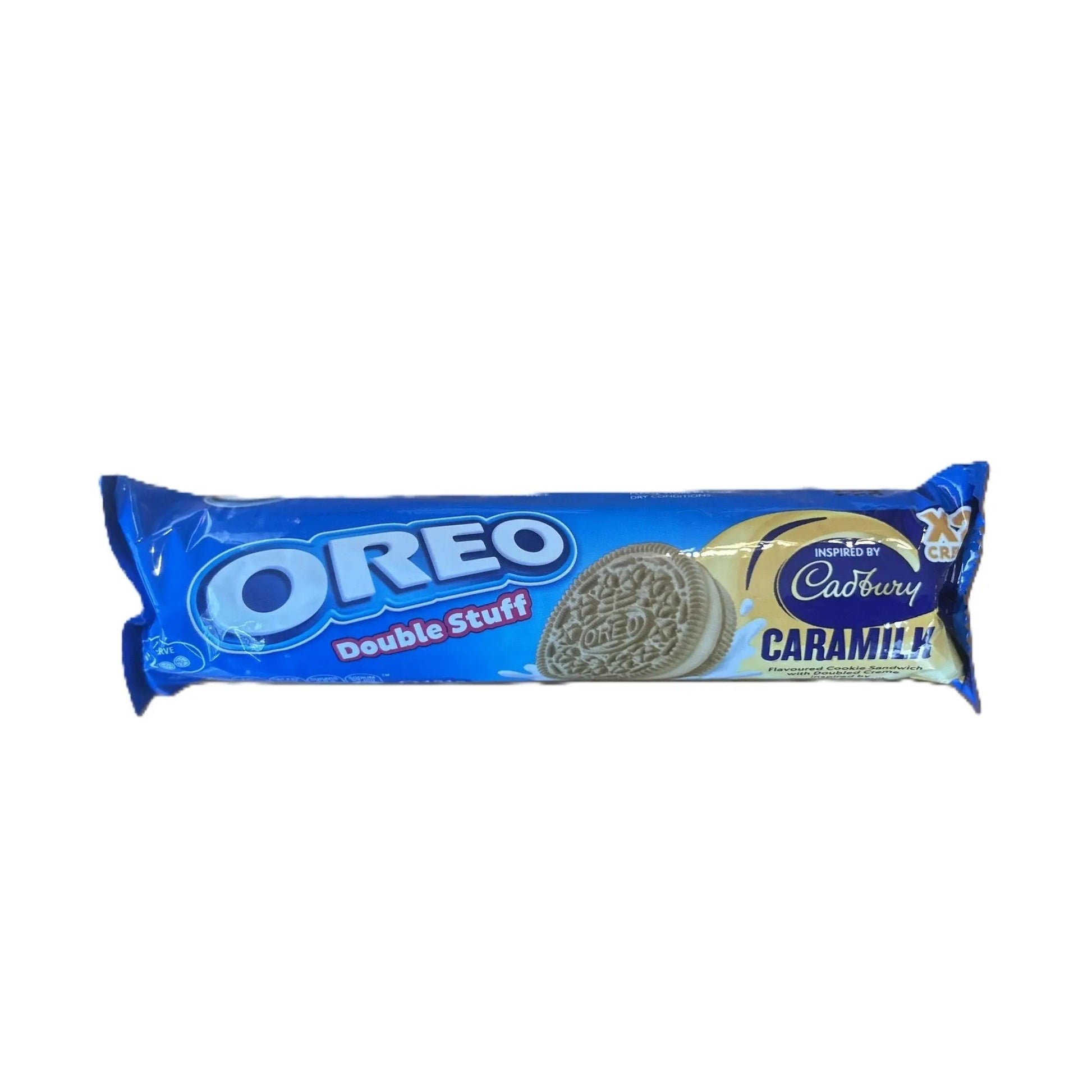 Yum At Hart Oreo Caramilk caramel-infused sandwich cookies in 154g pack, featuring chocolate cookies with caramel filling.