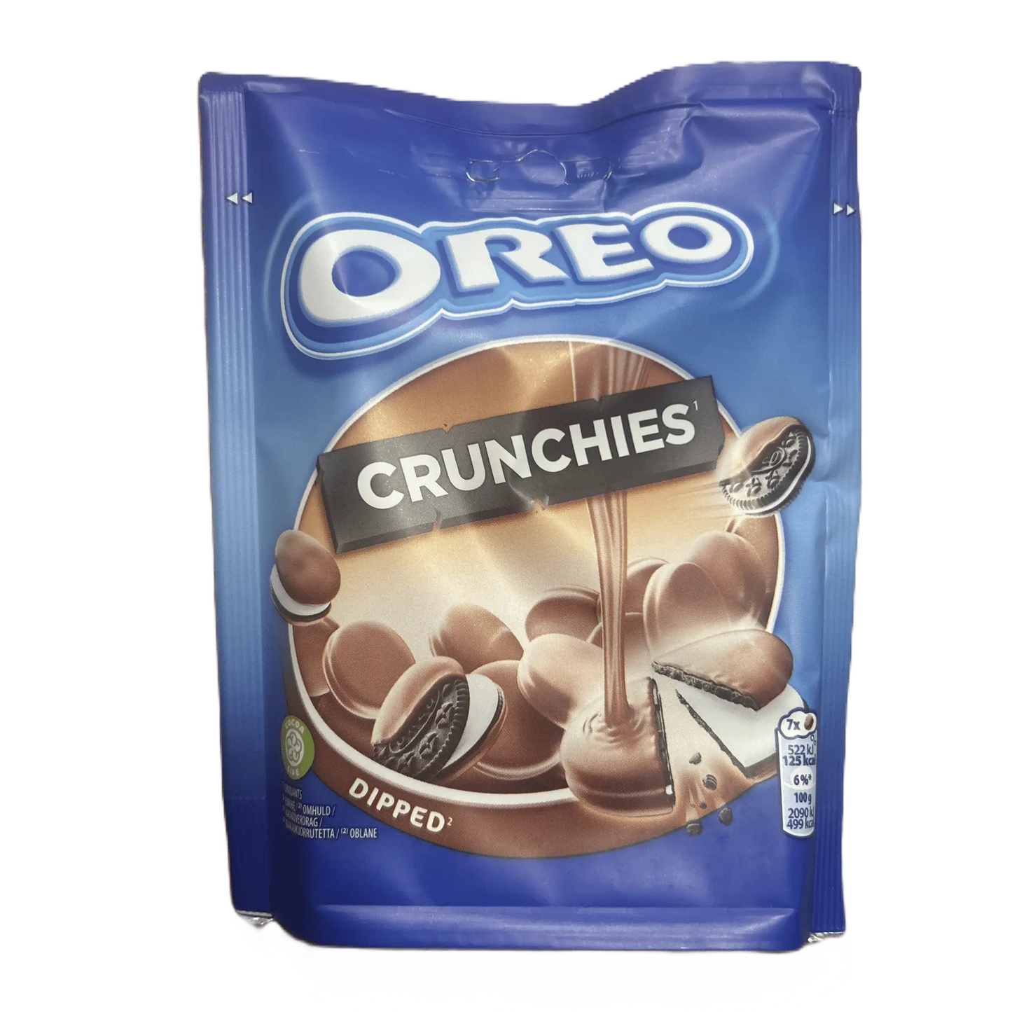 Yum At Hart Oreo Crunchies mini chocolate sandwich cookies in 110g package, showing the chocolate cookies with cream filling.