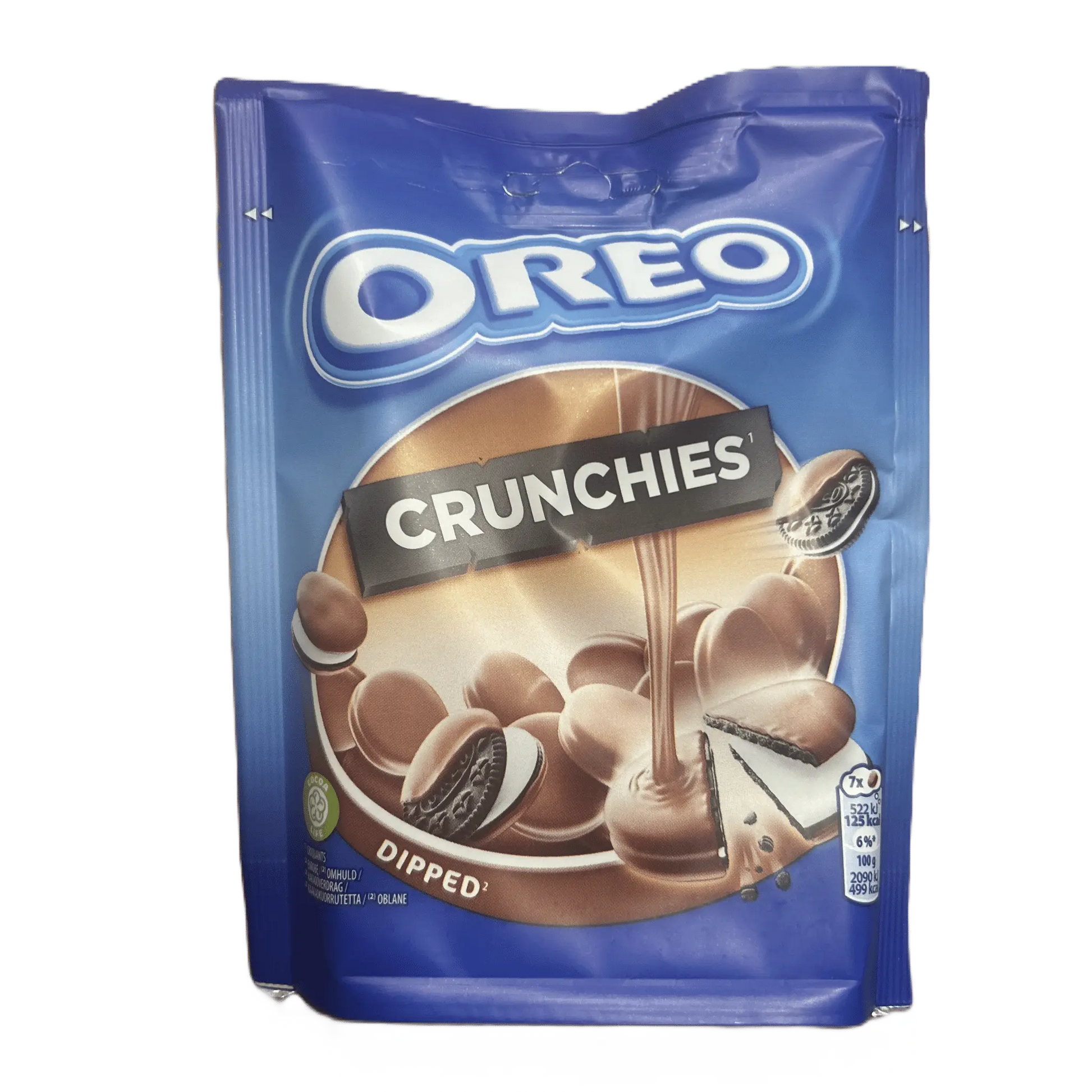 Yum At Hart Oreo Crunchies mini chocolate sandwich cookies in 110g package, showing the chocolate cookies with cream filling.