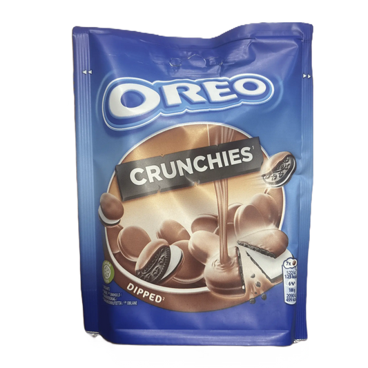 Yum At Hart Oreo Crunchies mini chocolate sandwich cookies in 110g package, showing the cookies with chocolate filling and cookie layers.