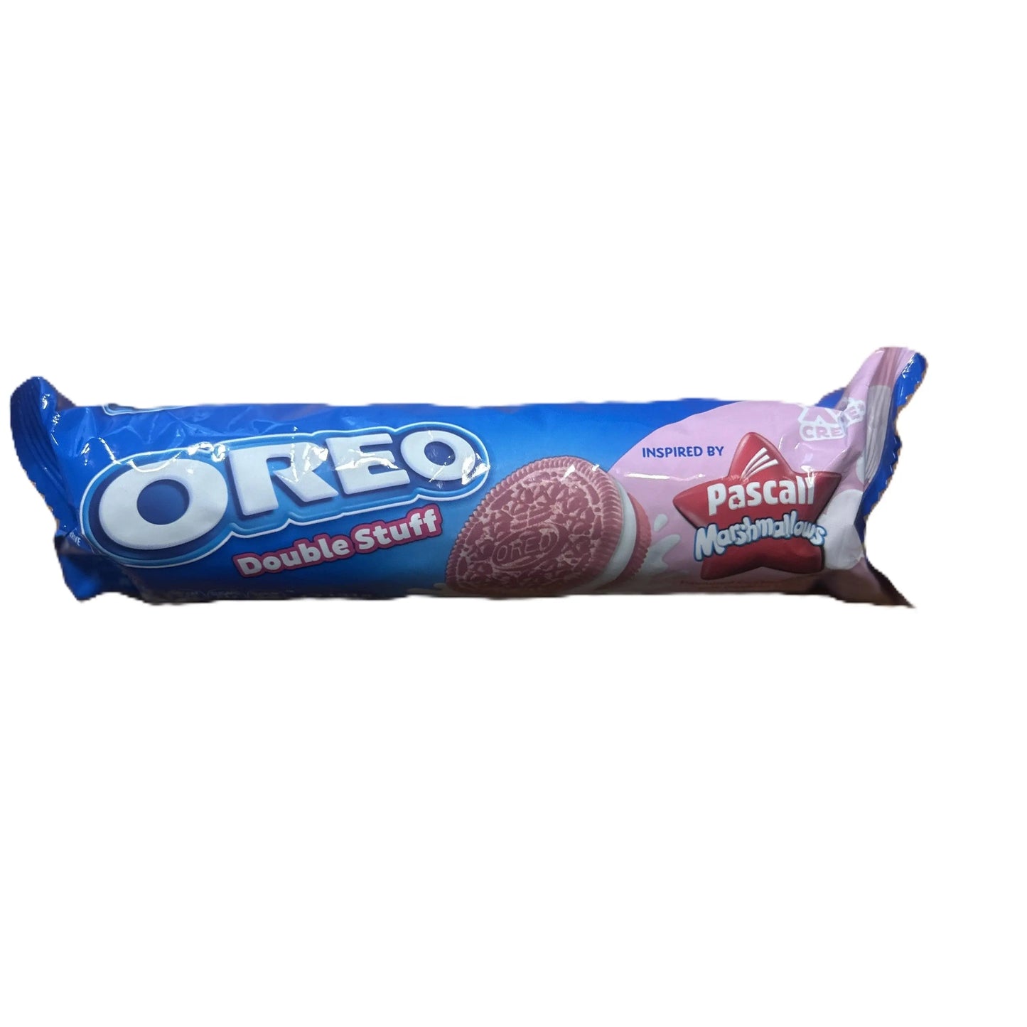 Yum At Hart Oreo Double Stuff Pascall Marshmallow Cookies, limited edition, 131g, with marshmallow filling and Pascall branding.
