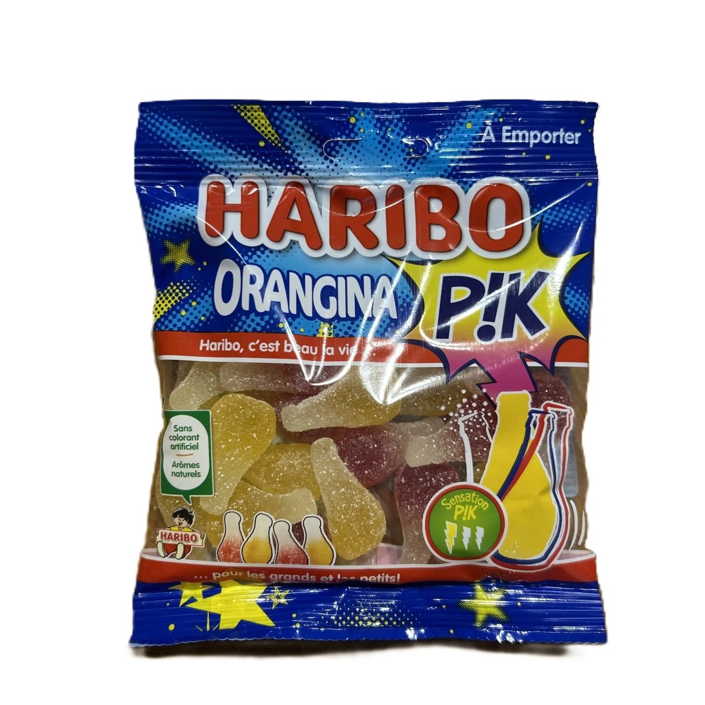 Yum At Hart Haribo Orangina PIK fizzy fruit-flavored gummy candy bag, 120g, showing colorful, fruit-shaped gummies in a clear bag.