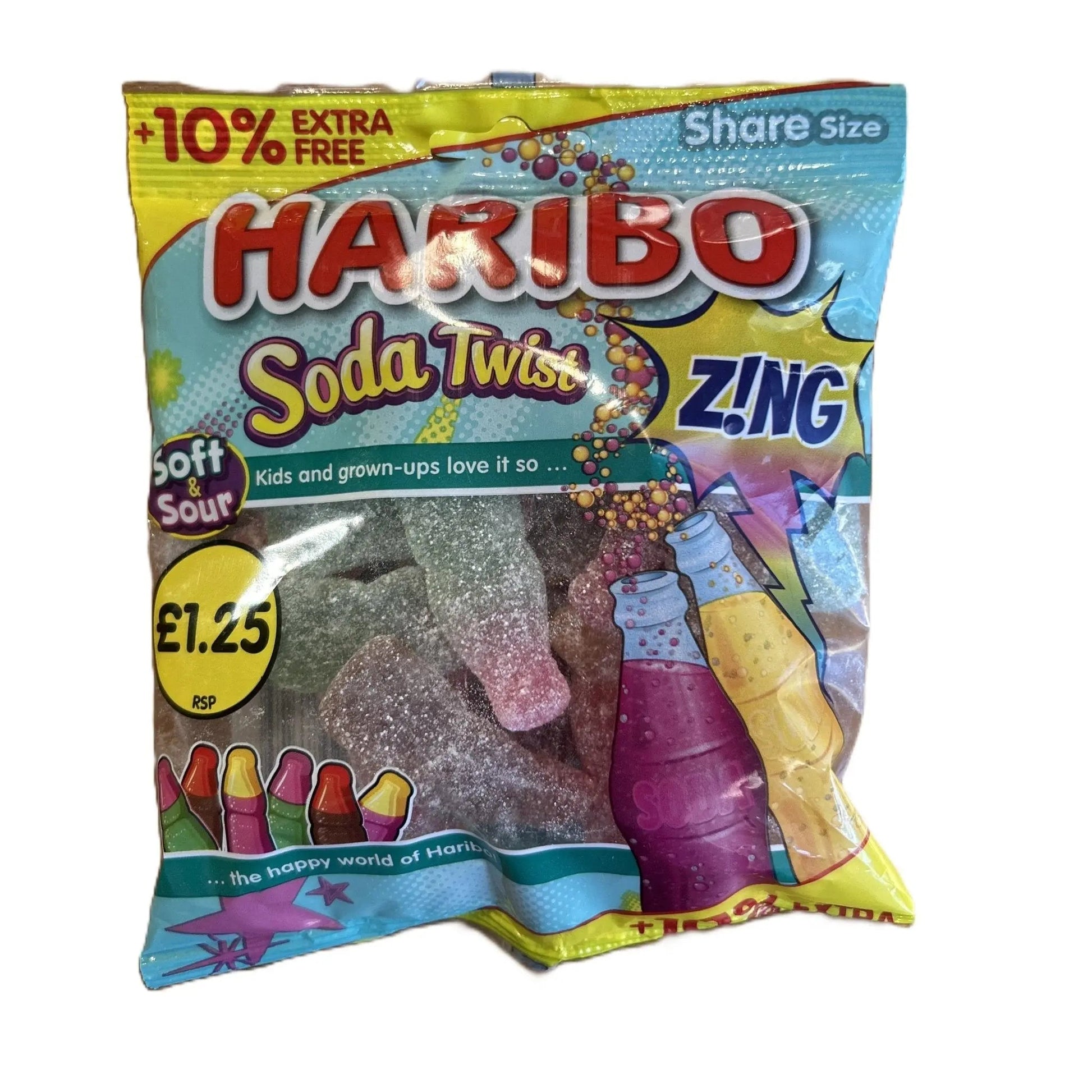 Yum At Hart Haribo Soda Twist gummy candy bag with fizzy cola and lemon flavored gummies in a 160g pack.