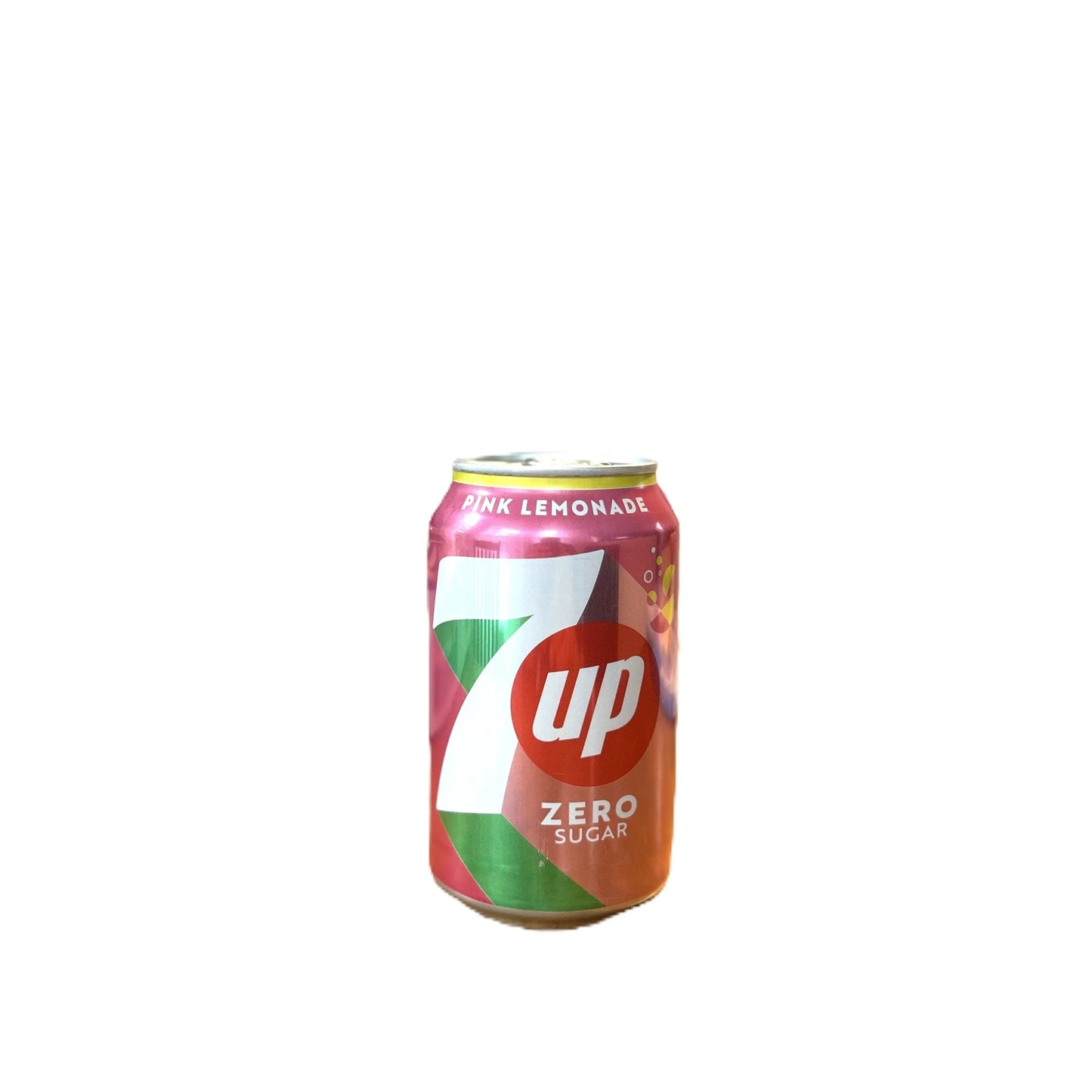 7UP Pink Lemonade sparkling citrus soda in a 330ml can by Yum At Hart, UK edition, with pink and citrus-themed design.