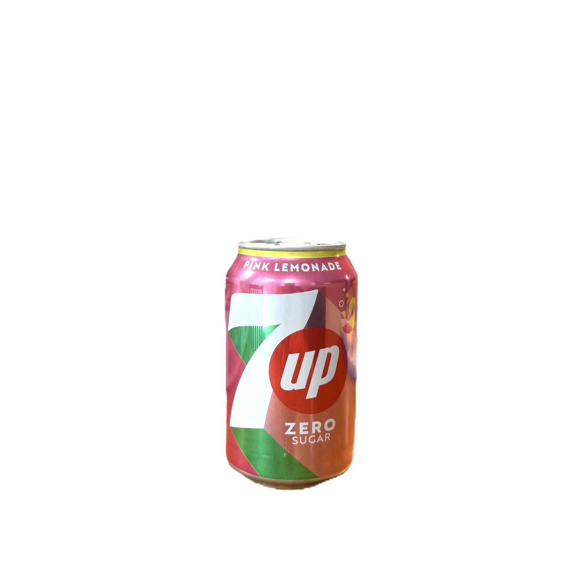 7UP Pink Lemonade sparkling citrus soda in a 330ml can by Yum At Hart, UK edition, with pink and citrus-themed design.