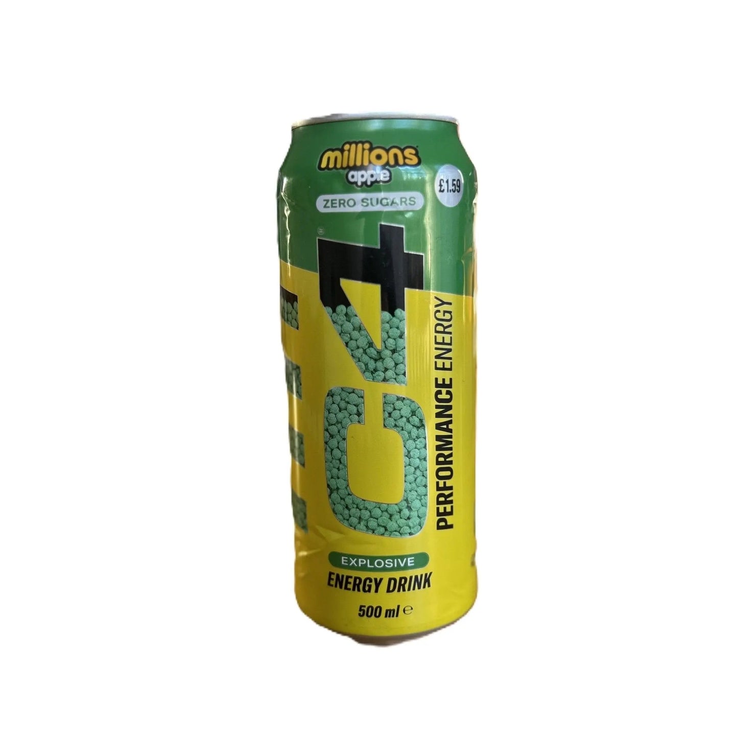 Yum At Hart C4 Energy Millions Green Apple energy drink can, 500ml with green apple flavor, featuring vibrant green design.