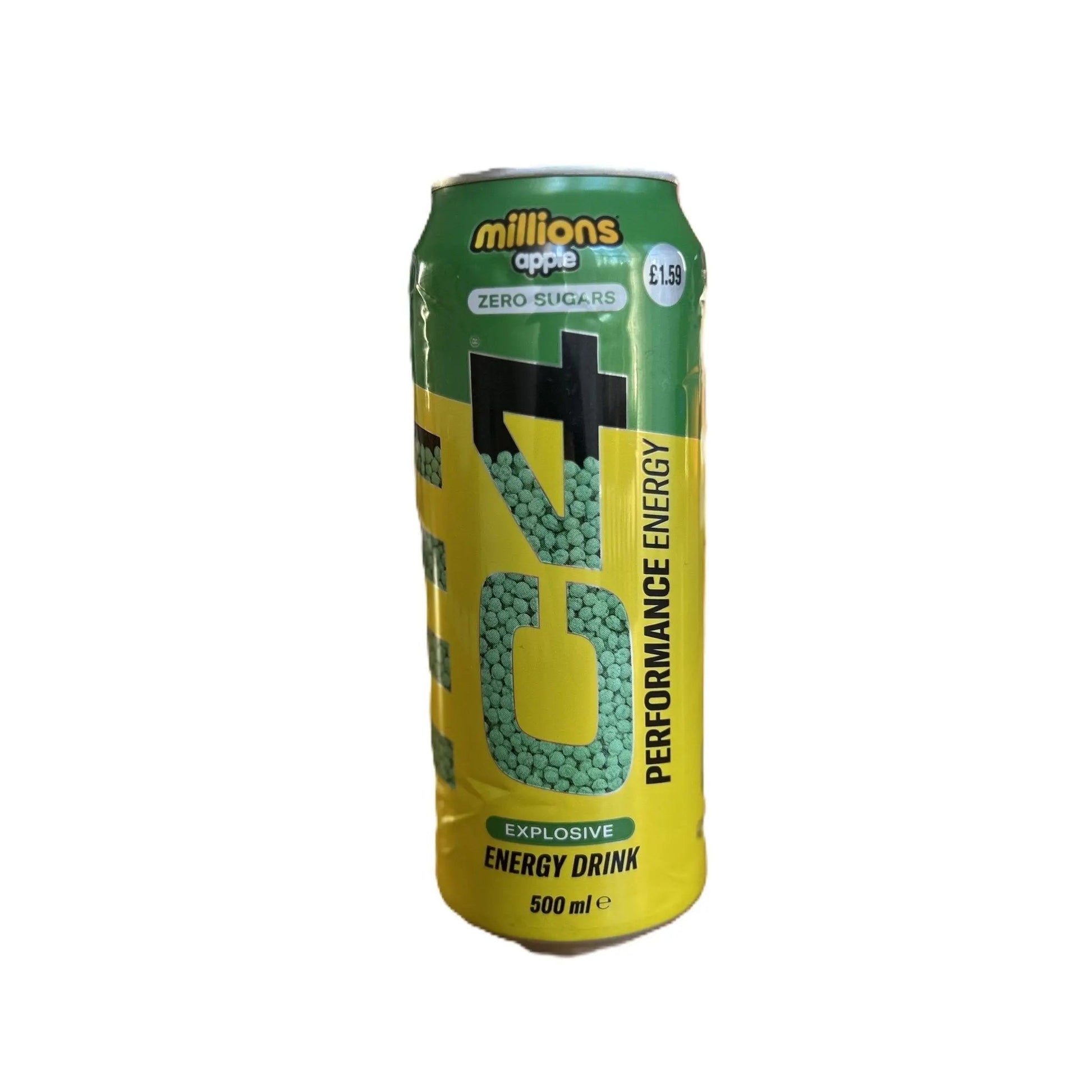 Yum At Hart C4 Energy Millions Green Apple energy drink can, 500ml with green apple flavor, featuring vibrant green design.