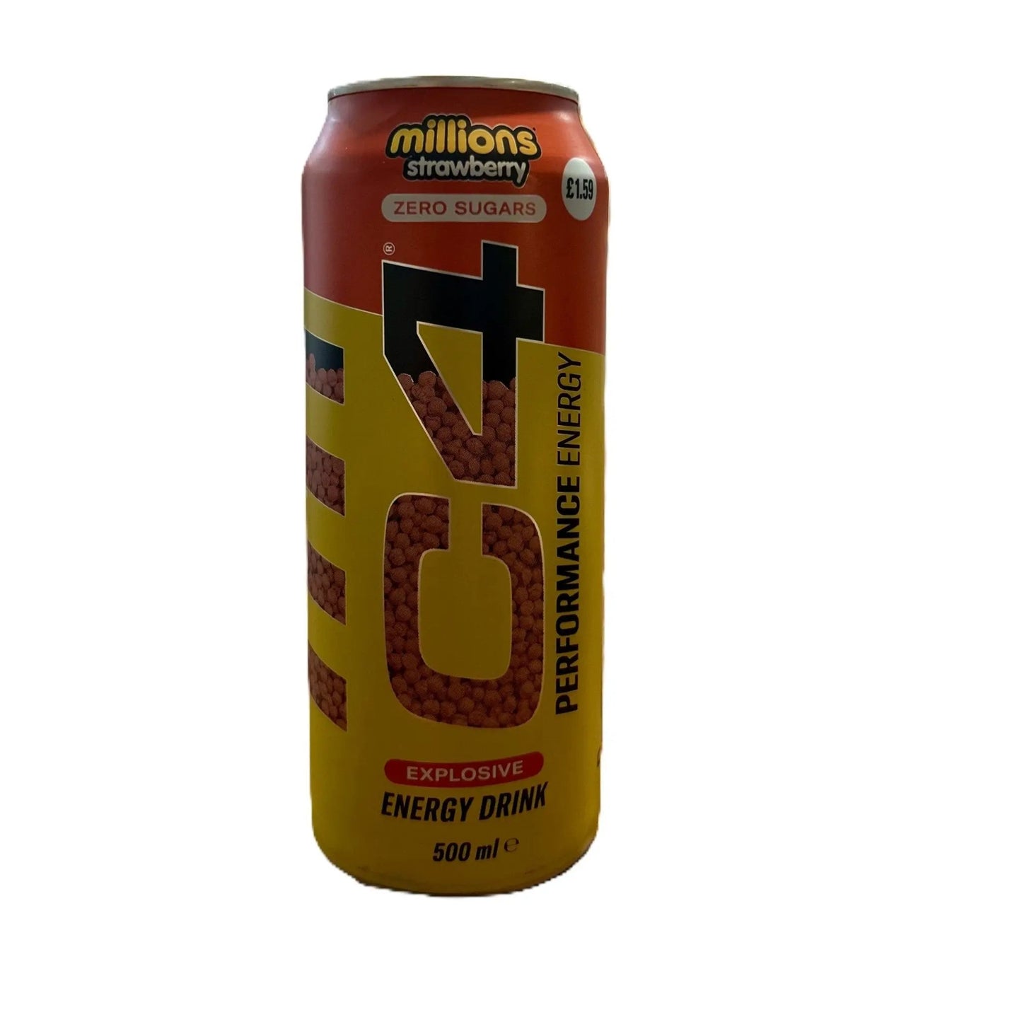 Yum At Hart C4 Energy Millions Strawberry flavored energy drink can, 500ml, with vibrant red and pink design and strawberry imagery.