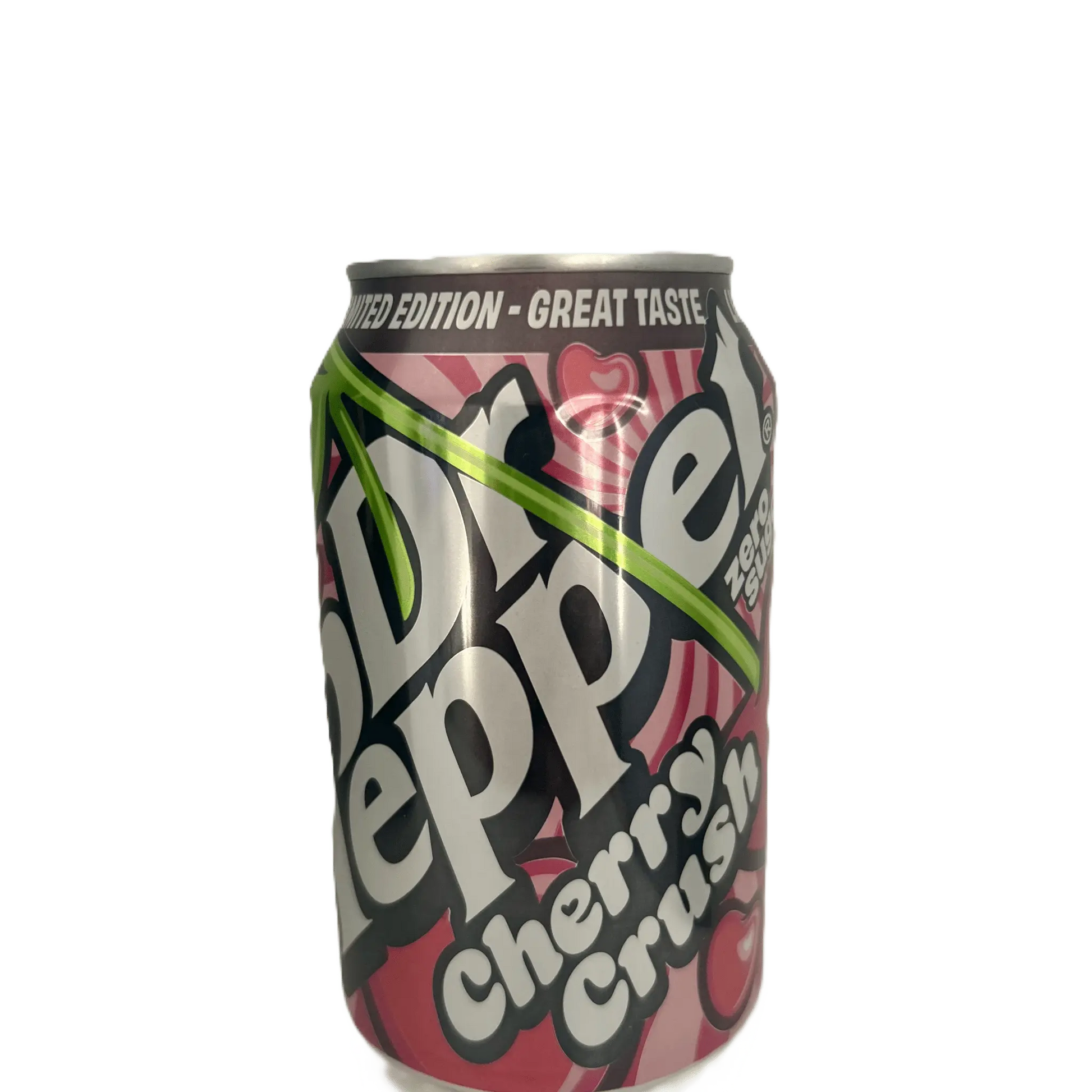 Yum At Hart Dr. Pepper Cherry Crush Zero sugar-free cherry-infused cola in a 330 mL can, UK edition.
