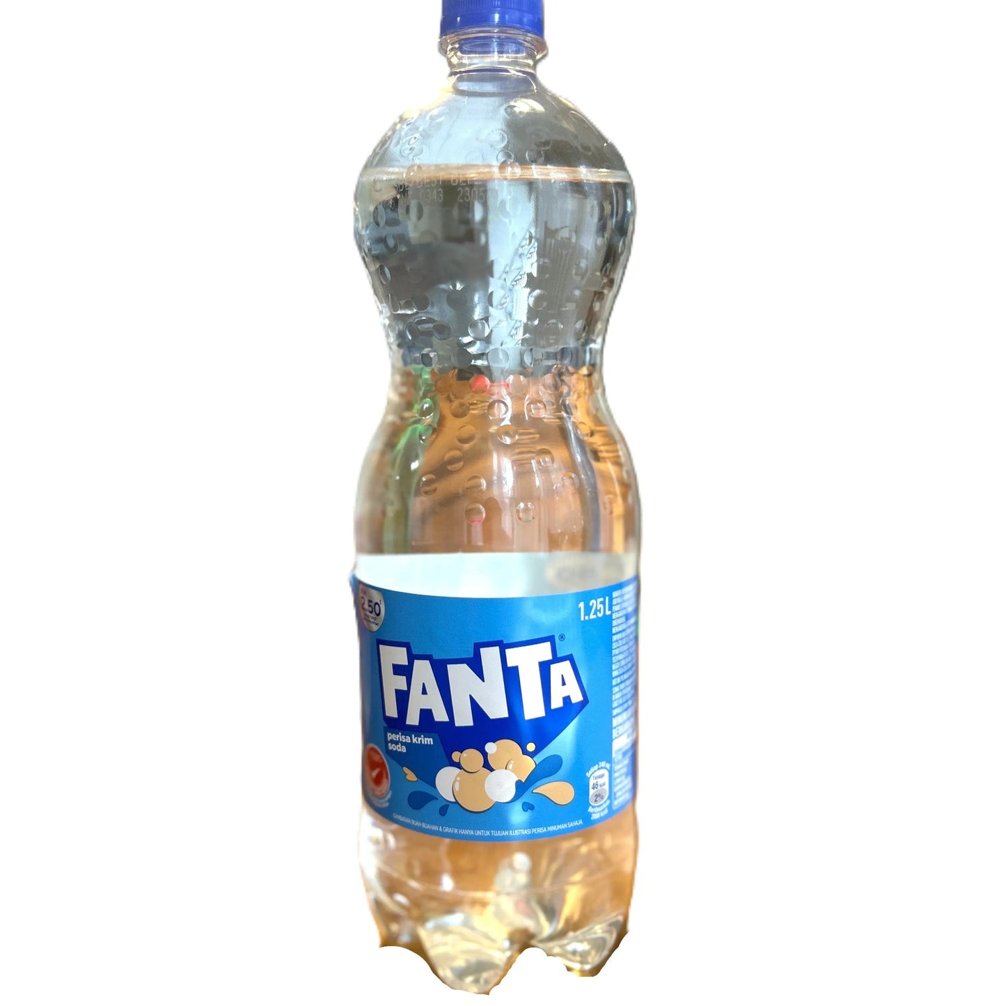 Yum At Hart Fanta Cream Soda 1.25L bottle, Malaysian exotic international drink with creamy soda flavor, on a white background.