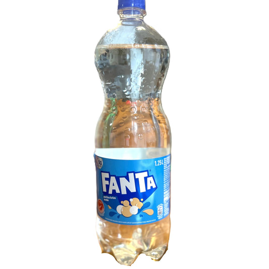 Fanta Cream Soda 1.25L bottle by Yum At Hart, exotic international drink, showcasing the vibrant label and soda inside.
