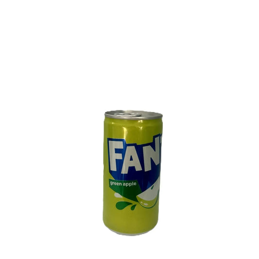 Fanta Green Apple soda can by Yum At Hart, 185mL, featuring a green apple design and bright green color on the label.