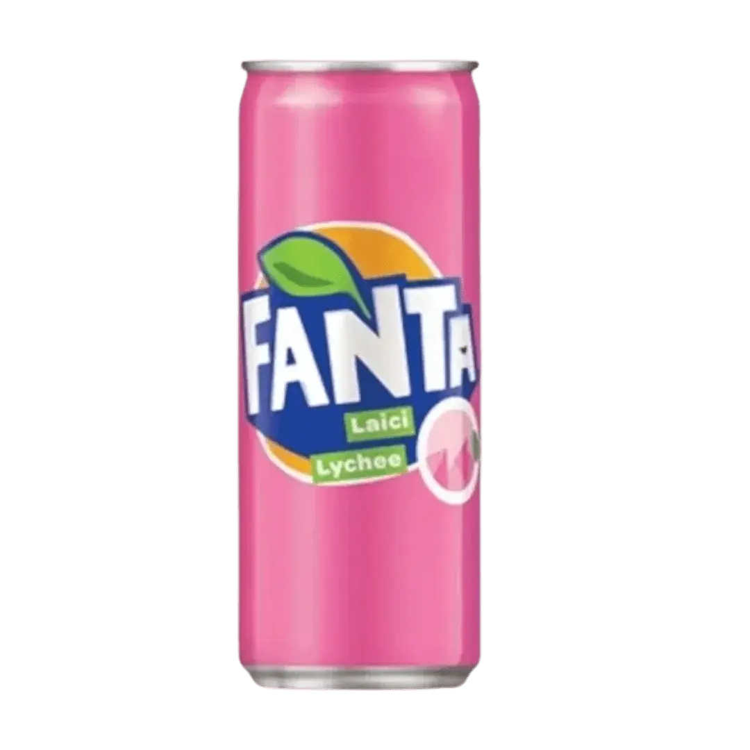 Fanta Lychee soda can by Yum At Hart, 320mL, featuring a colorful label with lychee fruit imagery, Malaysia drink product