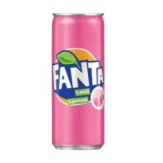 Fanta Lychee flavored soda can by Yum At Hart, 320mL, showcasing a vibrant label with lychee fruit imagery.