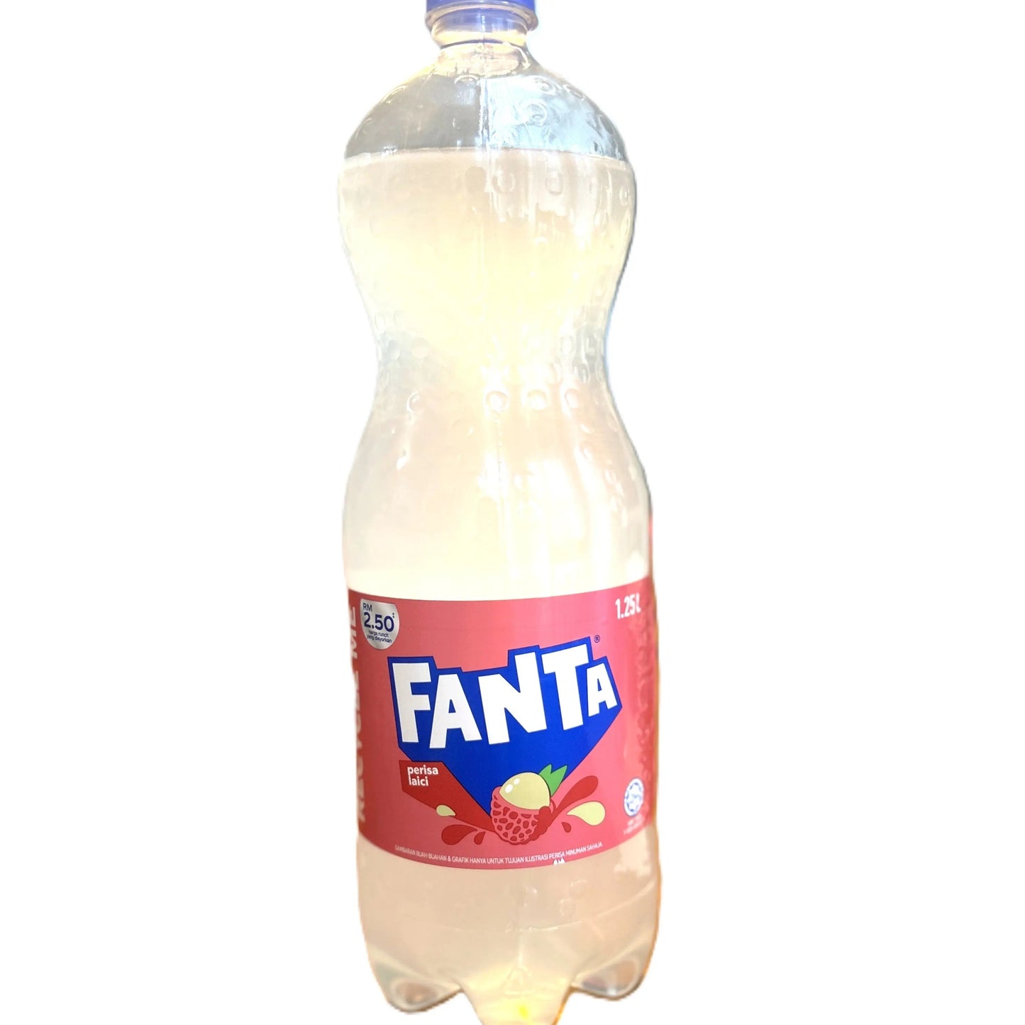 Fanta Lychee Soda 1.25L bottle from Yum At Hart, showcasing the colorful label of an exotic Asian fruit drink from Malaysia.