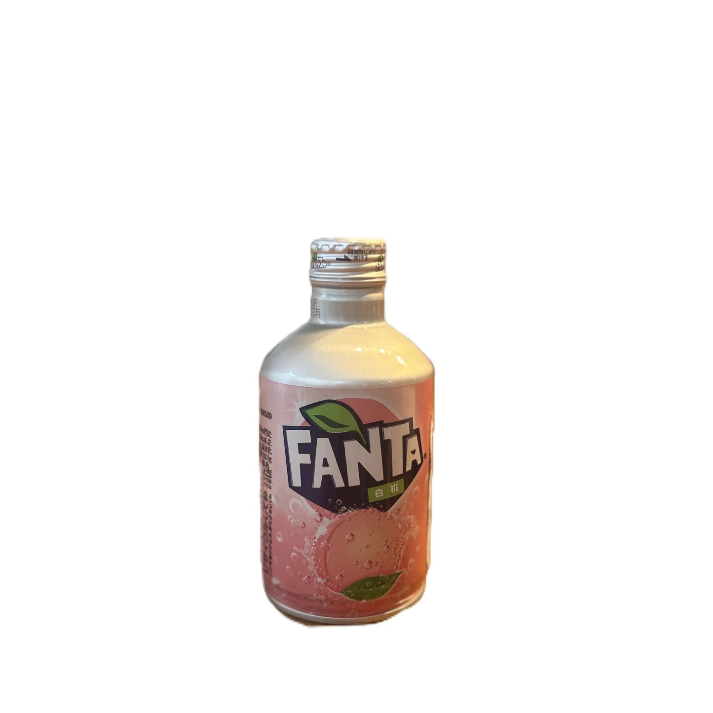 Fanta Peach Japanese soda by Yum At Hart in a clear glass bottle with peach-colored liquid and label showing peach imagery.
