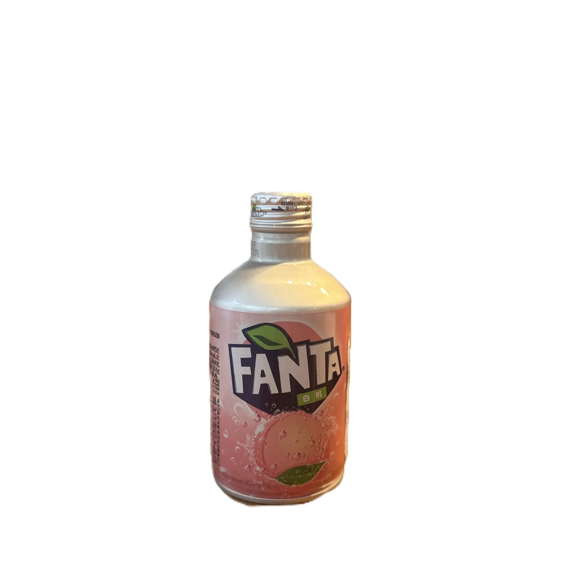 Fanta Peach Japanese soda by Yum At Hart in a clear glass bottle with peach-colored liquid and label showing peach imagery.