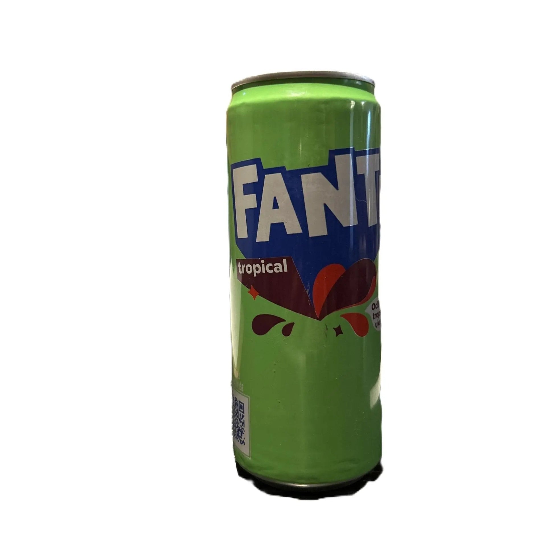 Fanta Tropical exotic tropical fruit soda in a 330mL can by Yum At Hart, showcasing colorful fruit flavors and branding.