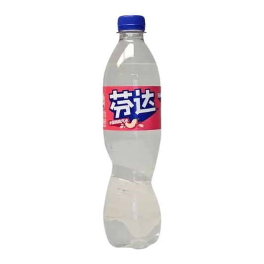 Fanta White Peach soda 500mL bottle by Yum At Hart, peach-flavored soft drink with clear label and cap, on a plain background.