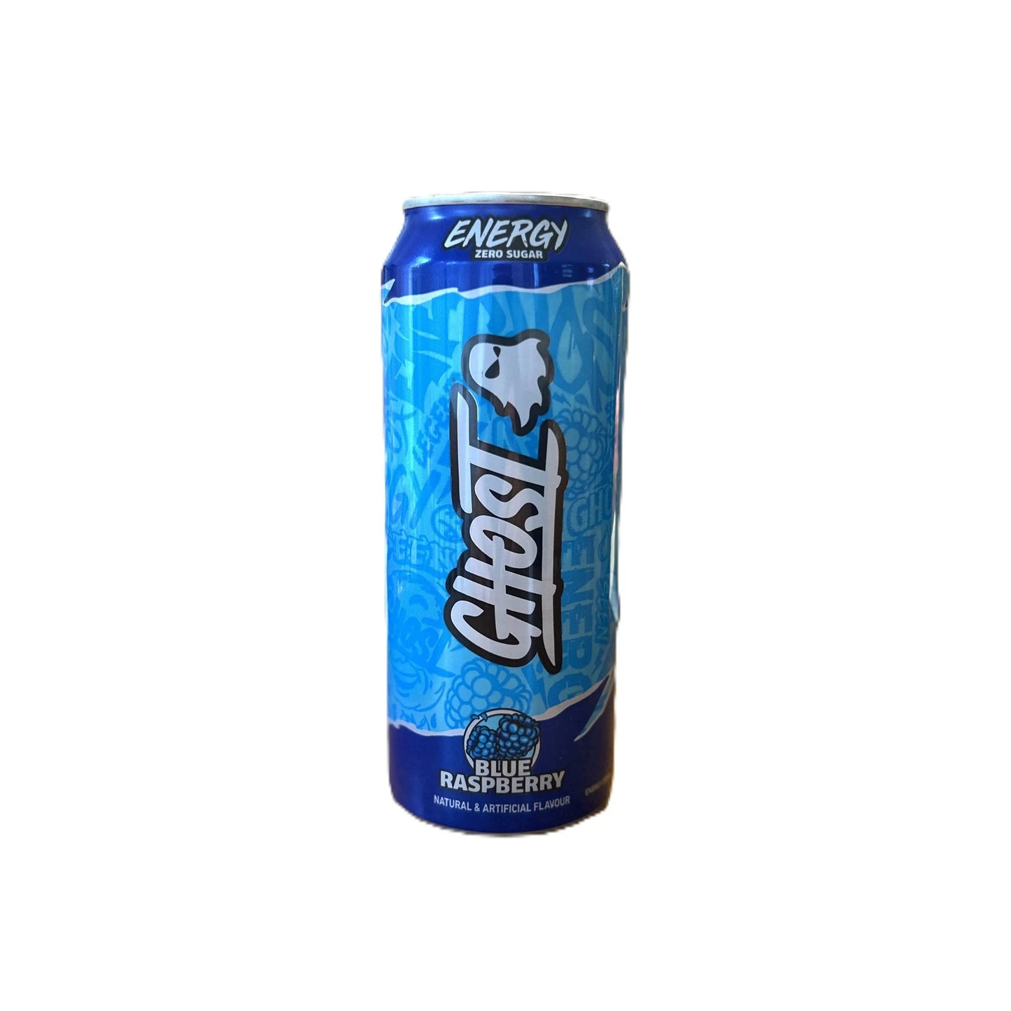 Yum At Hart Ghost Energy Blue Raspberry drink can, featuring vibrant blue raspberry flavor branding and 500ml size.