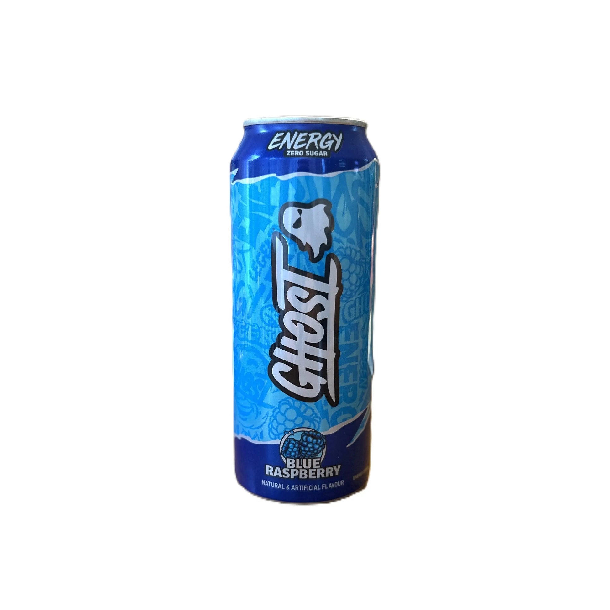 Yum At Hart Ghost Energy Blue Raspberry drink can, featuring vibrant blue raspberry flavor branding and 500ml size.