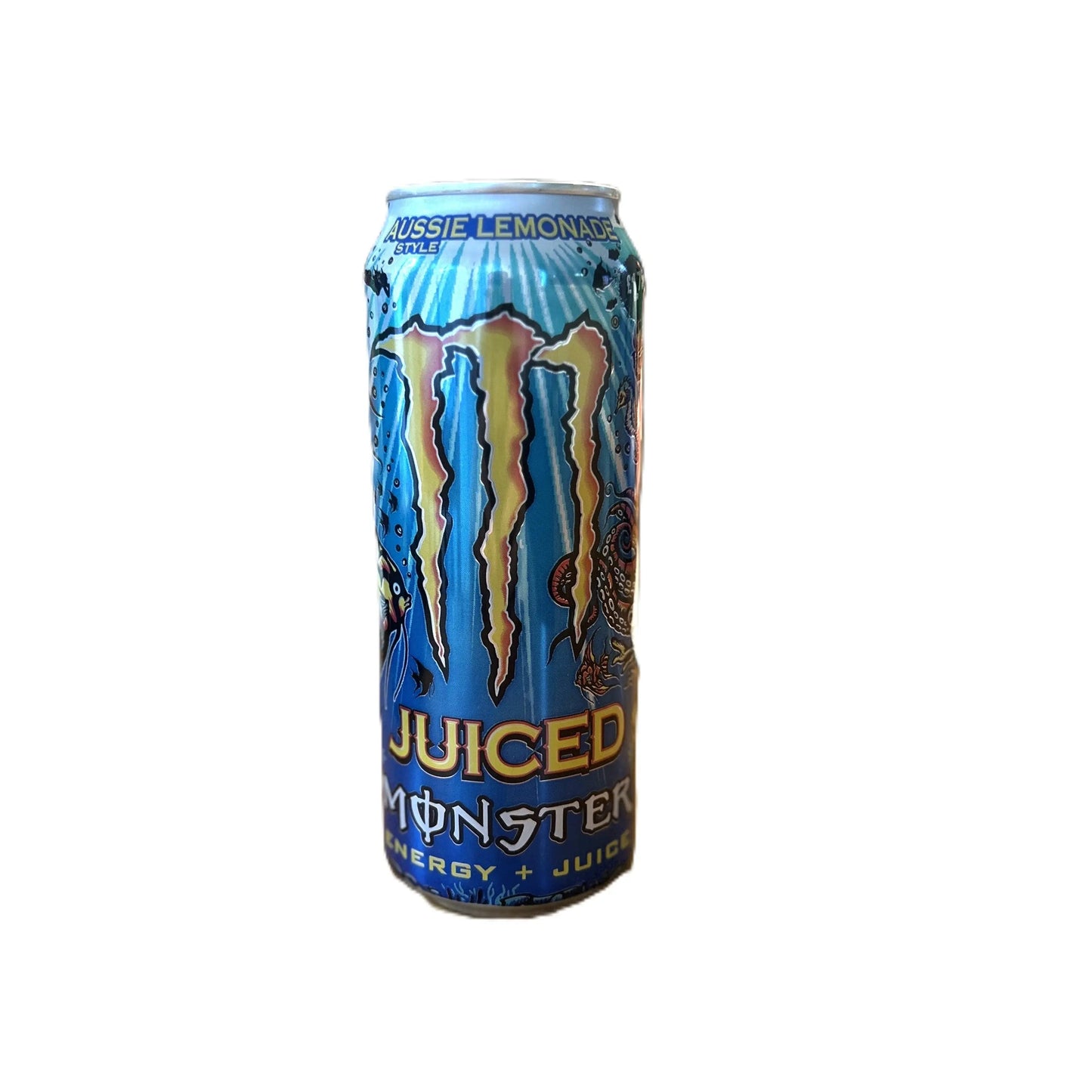 Yum At Hart Monster Aussie Lemonade energy drink can with bright yellow label and tropical fruit illustrations, UK edition.