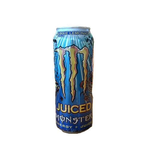 Cans of Monster Aussie Lemonade exotic international energy drink from Yum At Hart, featuring bright yellow lemon flavor and vibrant design.
