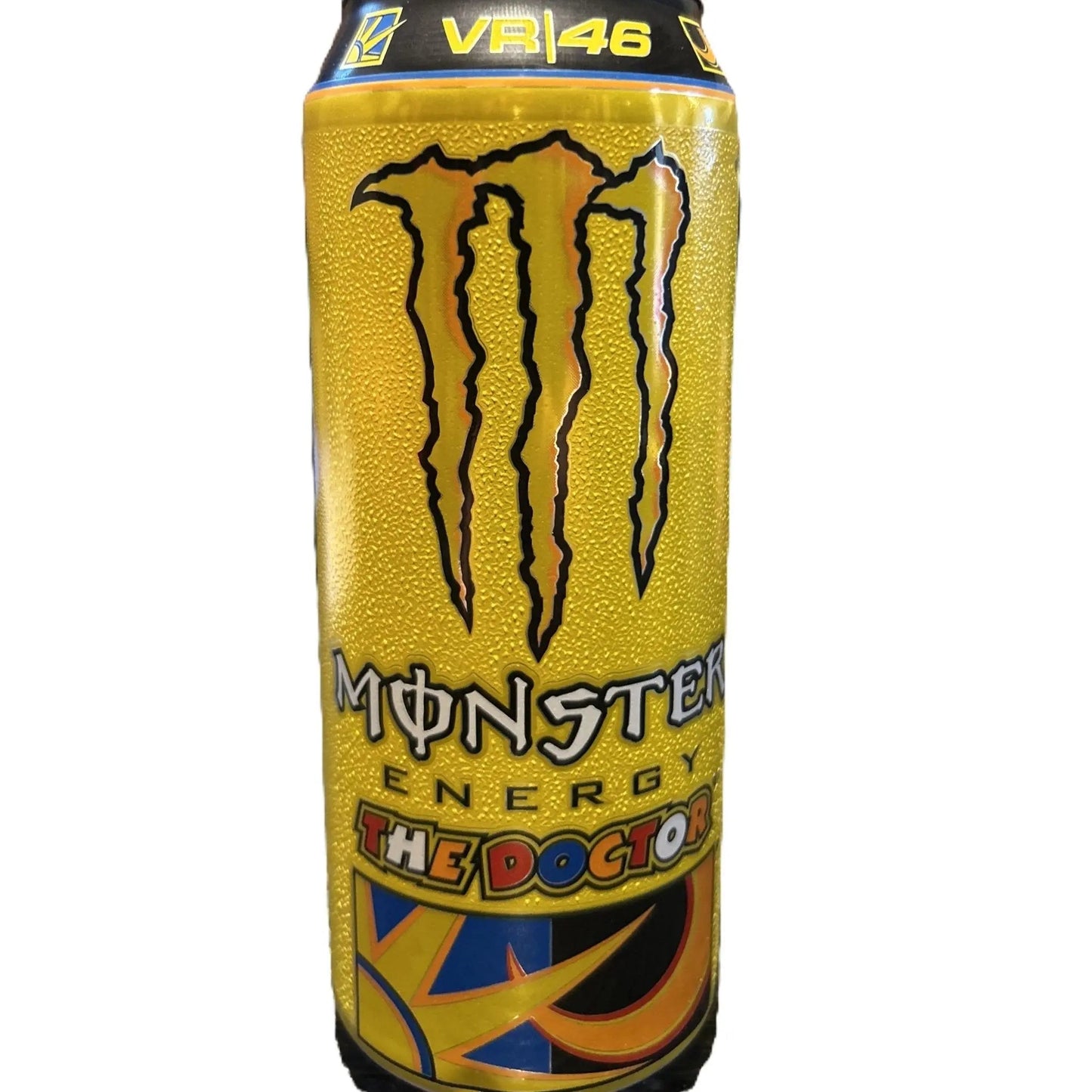 Yum At Hart Monster Energy The Doctor VR46 citrus energy drink 500mL can with vibrant label and branding in the UK.