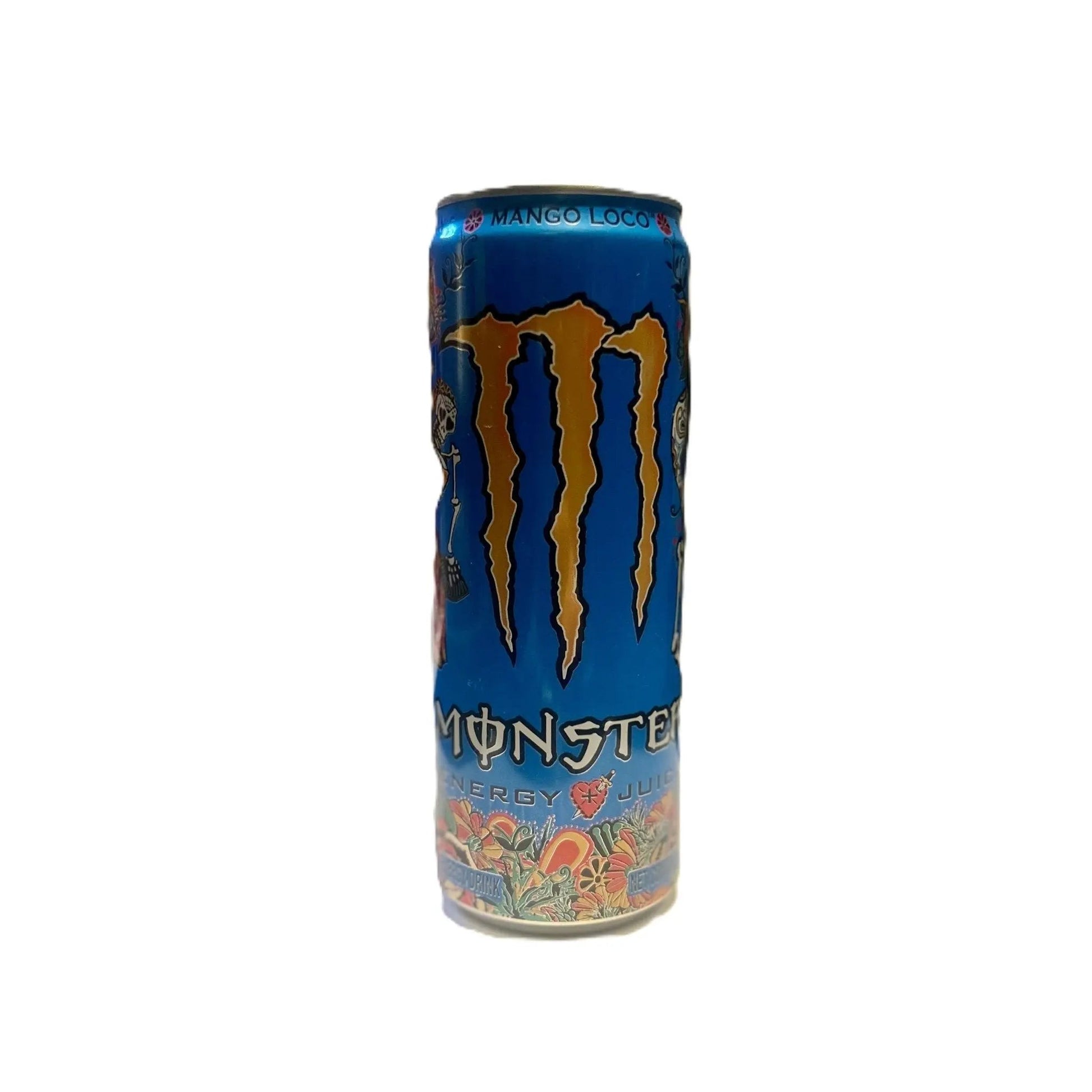 Yum At Hart Monster Mango Loco energy drink can with tropical mango flavor, 500ml, featuring vibrant mango imagery.