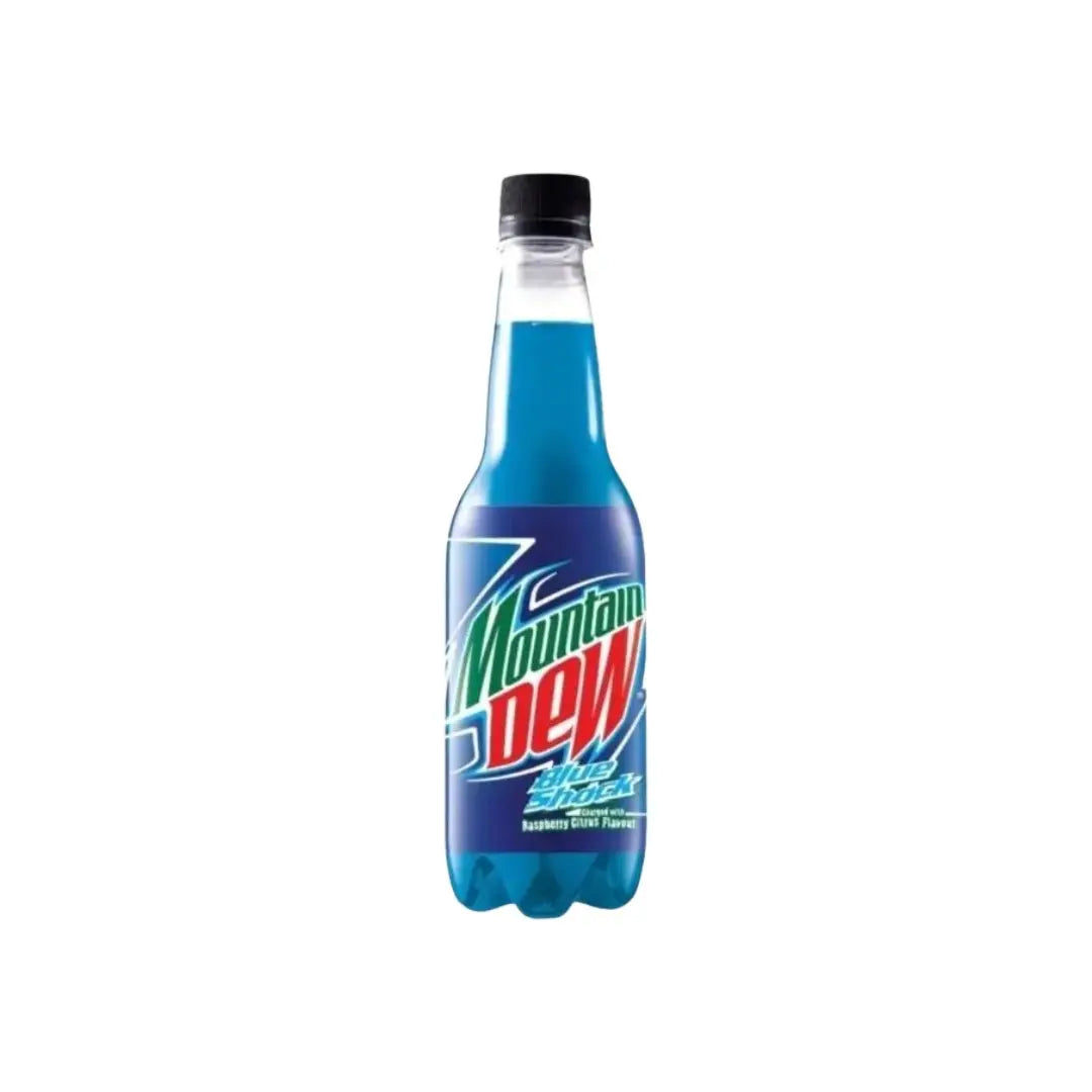 Yum At Hart Mountain Dew Blue Shock blueberry citrus soda in 473 mL bottle, Malaysia exclusive, with blue and citrus-themed label.