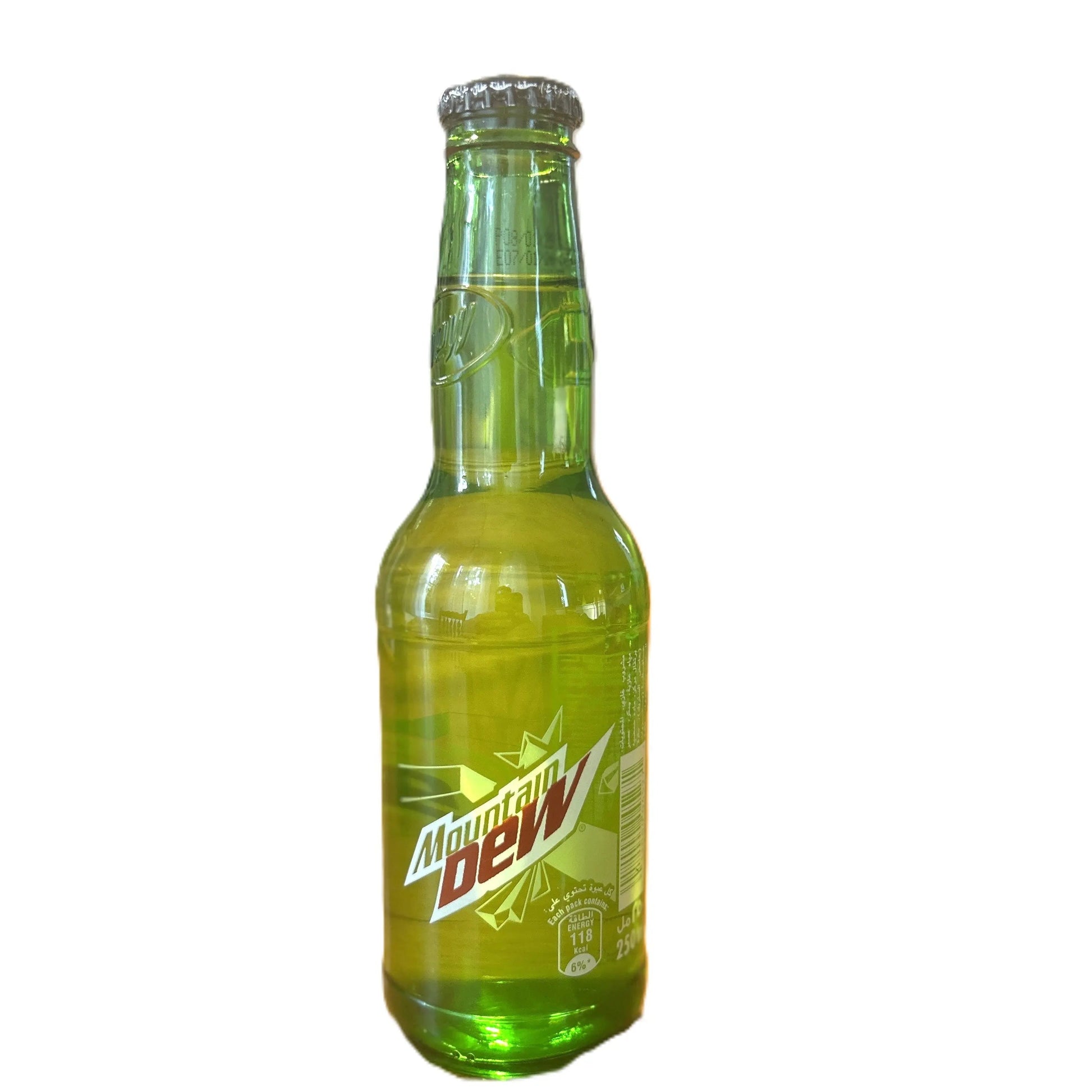 Classic Mountain Dew soda in a glass bottle by Yum At Hart, showcasing the iconic green beverage in Dubai.