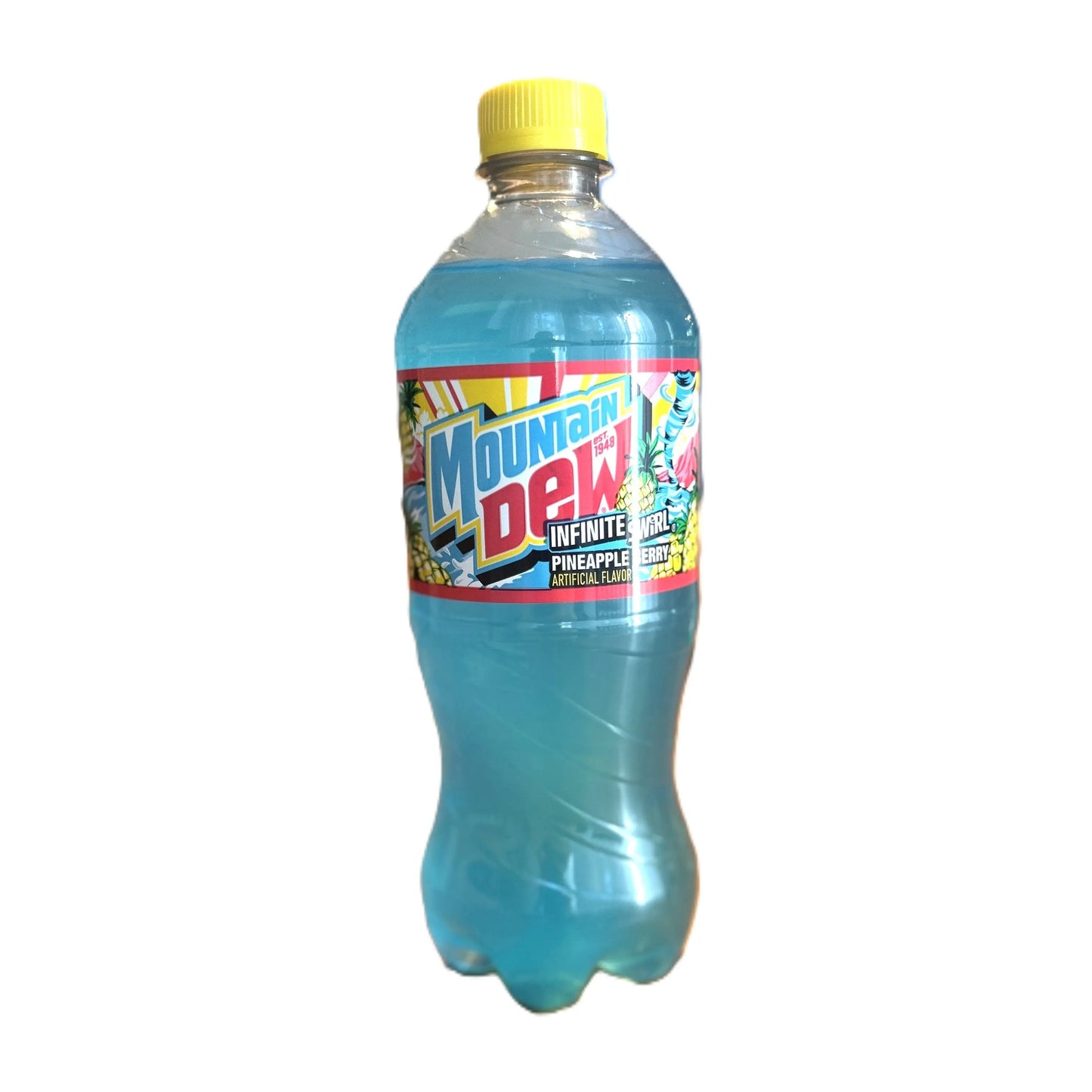 20 oz Mountain Dew Infinite Swirl Pineapple Berry soda bottle by Yum At Hart, US exclusive, vibrant colorful drink with pineapple and berry flavor