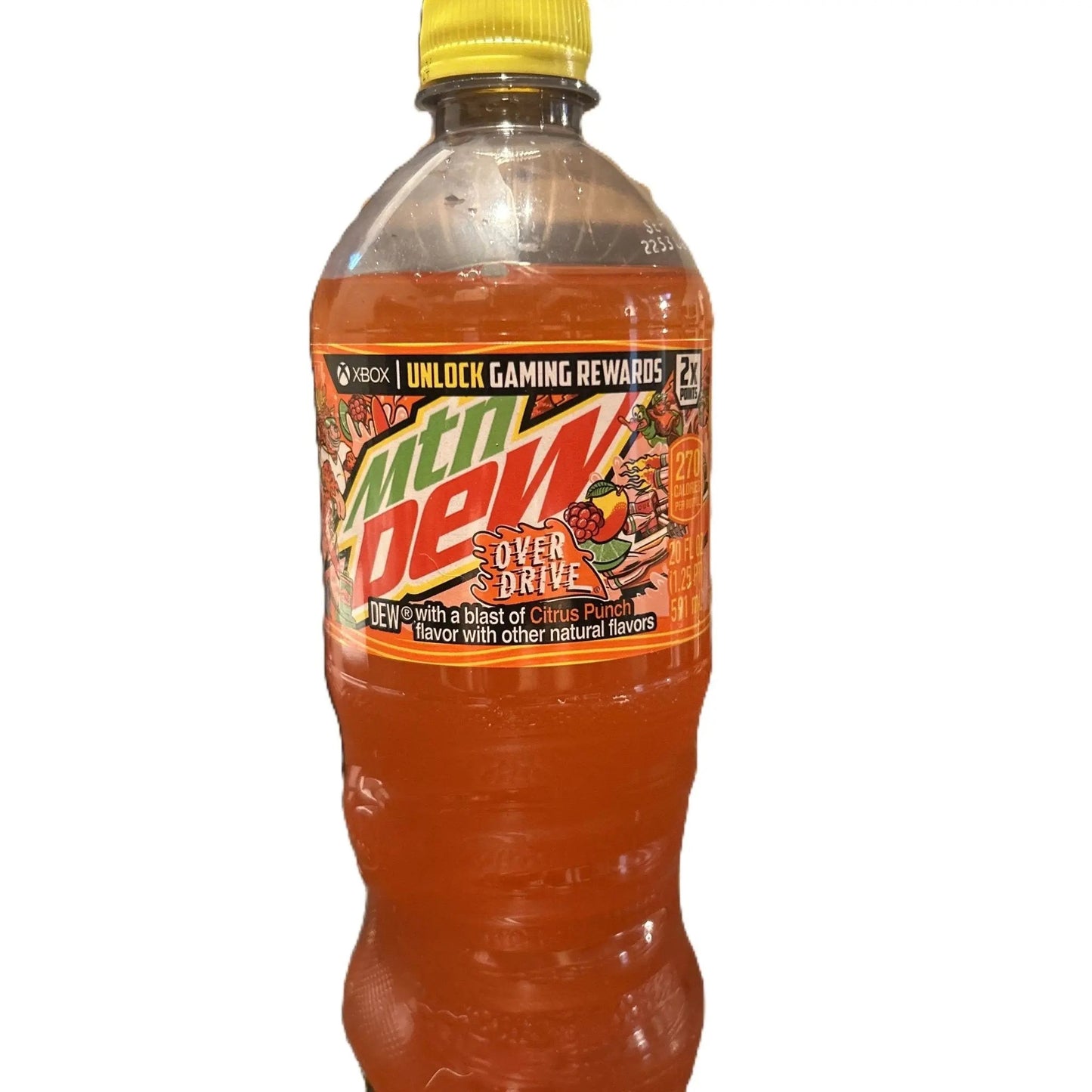 Yum At Hart Mountain Dew Overdrive citrus punch-flavored soda in a 20oz plastic bottle, showcasing a bold fruit blend label and vibrant design.