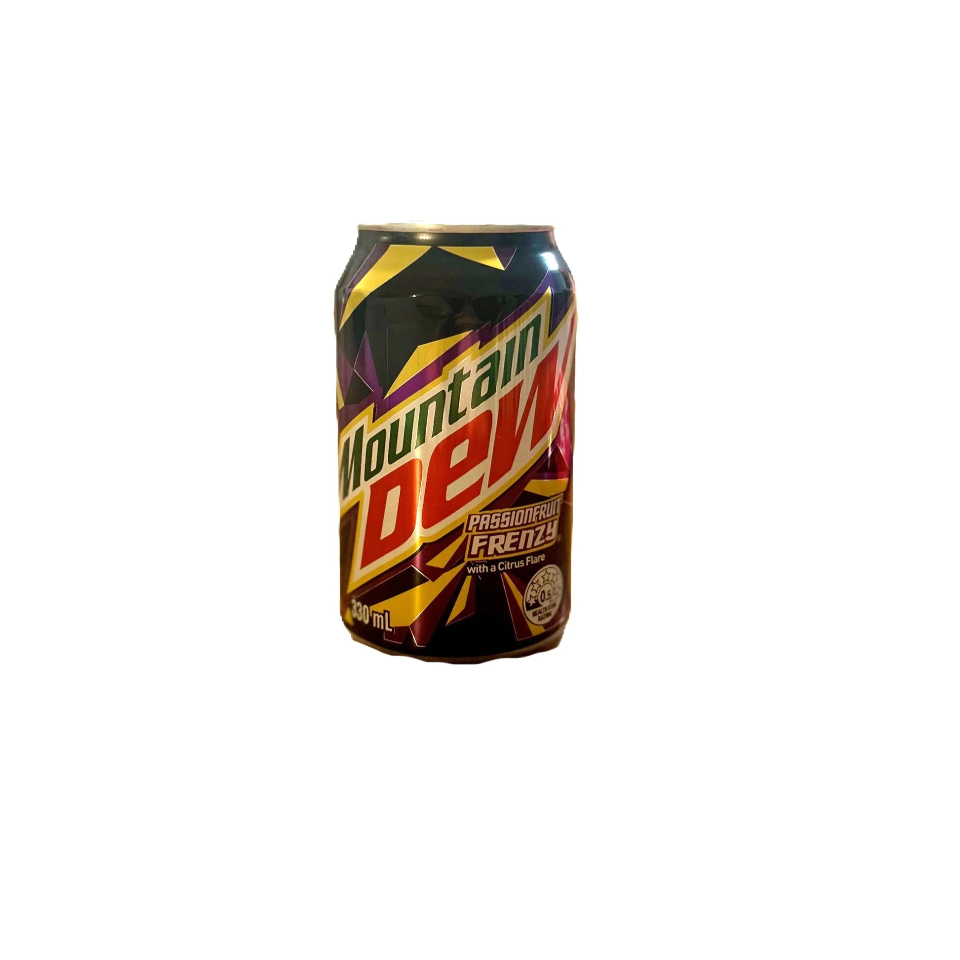330ml can of Yum At Hart Mountain Dew Passionfruit Frenzy tropical flavored soda with vibrant label design.