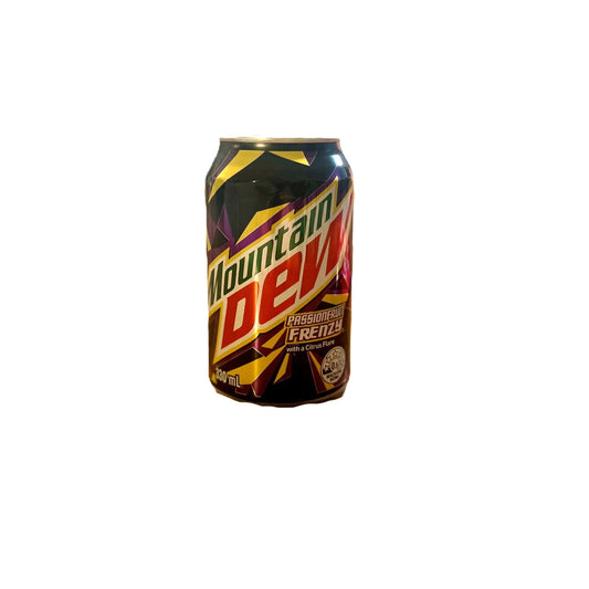 Yum At Hart Mountain Dew Passionfruit Frenzy tropical passionfruit flavored soda in 330mL can, New Zealand.